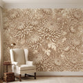 Vintage Chrysanthemum Peel and Stick Wall Mural, Beige Botanical Floral Asian Inspired Hand Drawn Bloom Line Art Wallpaper