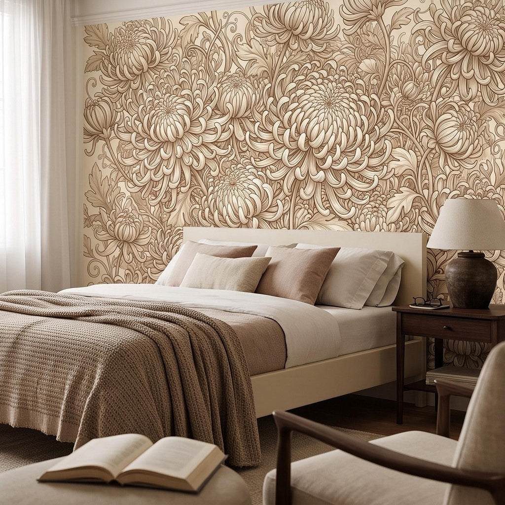Vintage Chrysanthemum Peel and Stick Wall Mural, Beige Botanical Floral Asian Inspired Hand Drawn Bloom Line Art Wallpaper