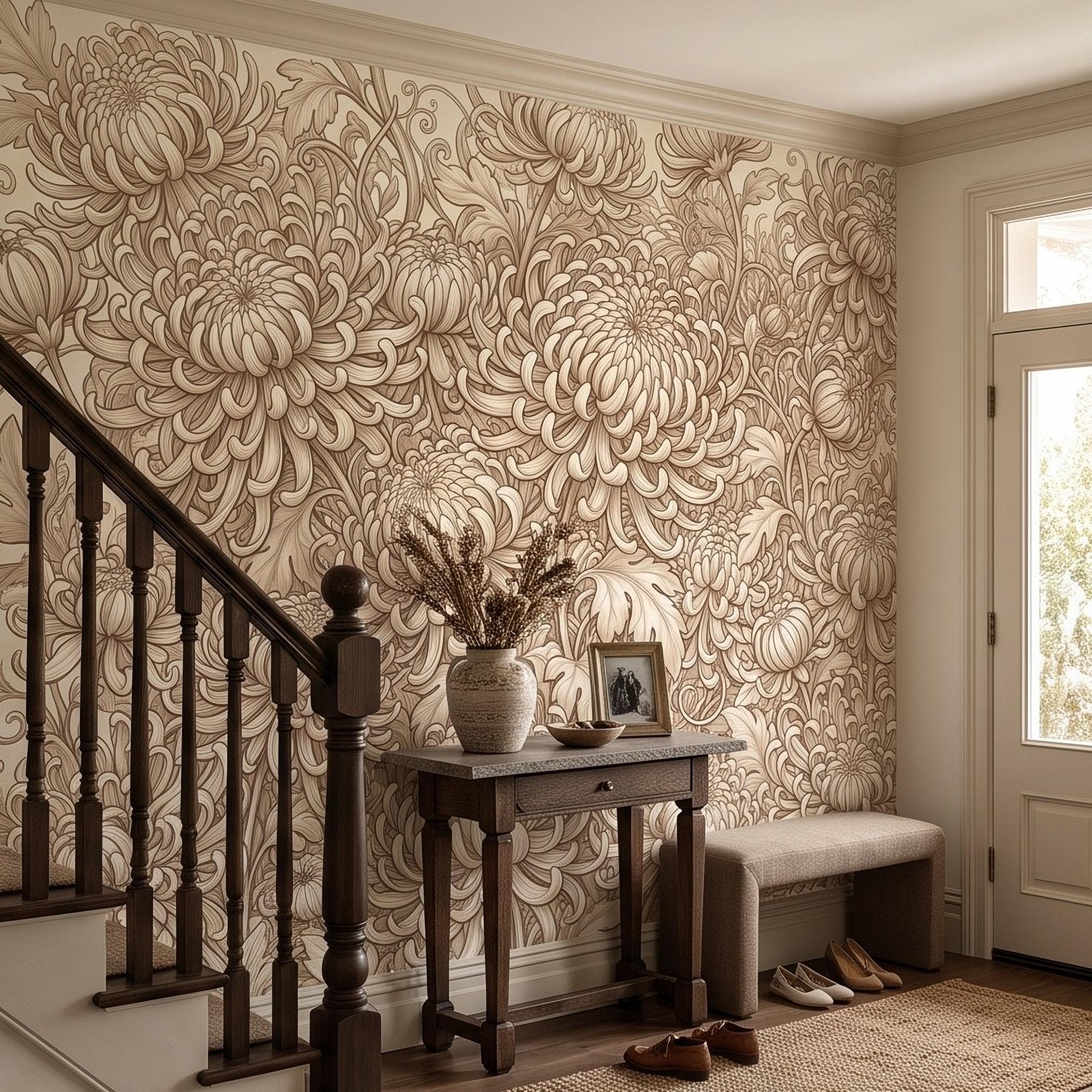 Vintage Chrysanthemum Peel and Stick Wall Mural, Beige Botanical Floral Asian Inspired Hand Drawn Bloom Line Art Wallpaper