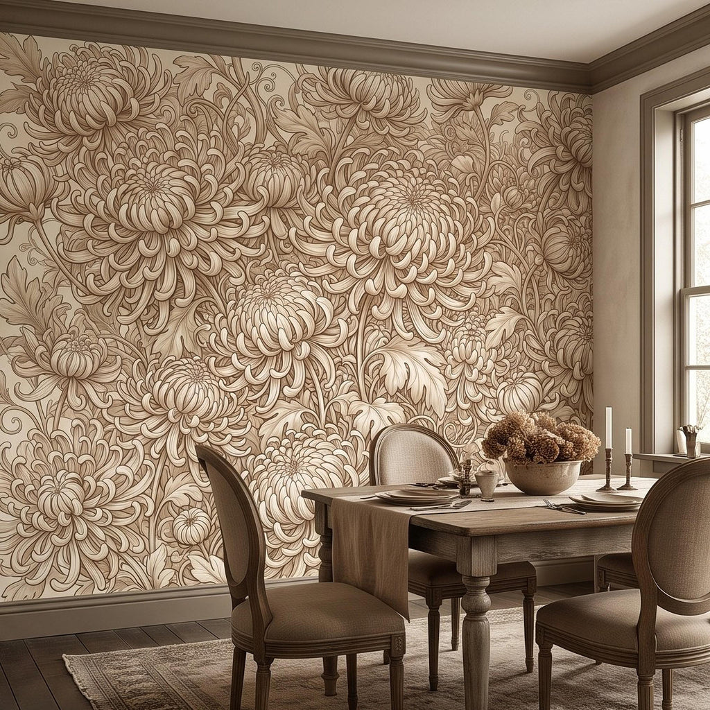 Vintage Chrysanthemum Peel and Stick Wall Mural, Beige Botanical Floral Asian Inspired Hand Drawn Bloom Line Art Wallpaper