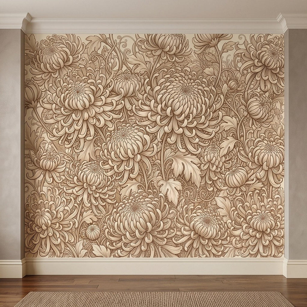 Vintage Chrysanthemum Peel and Stick Wall Mural, Beige Botanical Floral Asian Inspired Hand Drawn Bloom Line Art Wallpaper