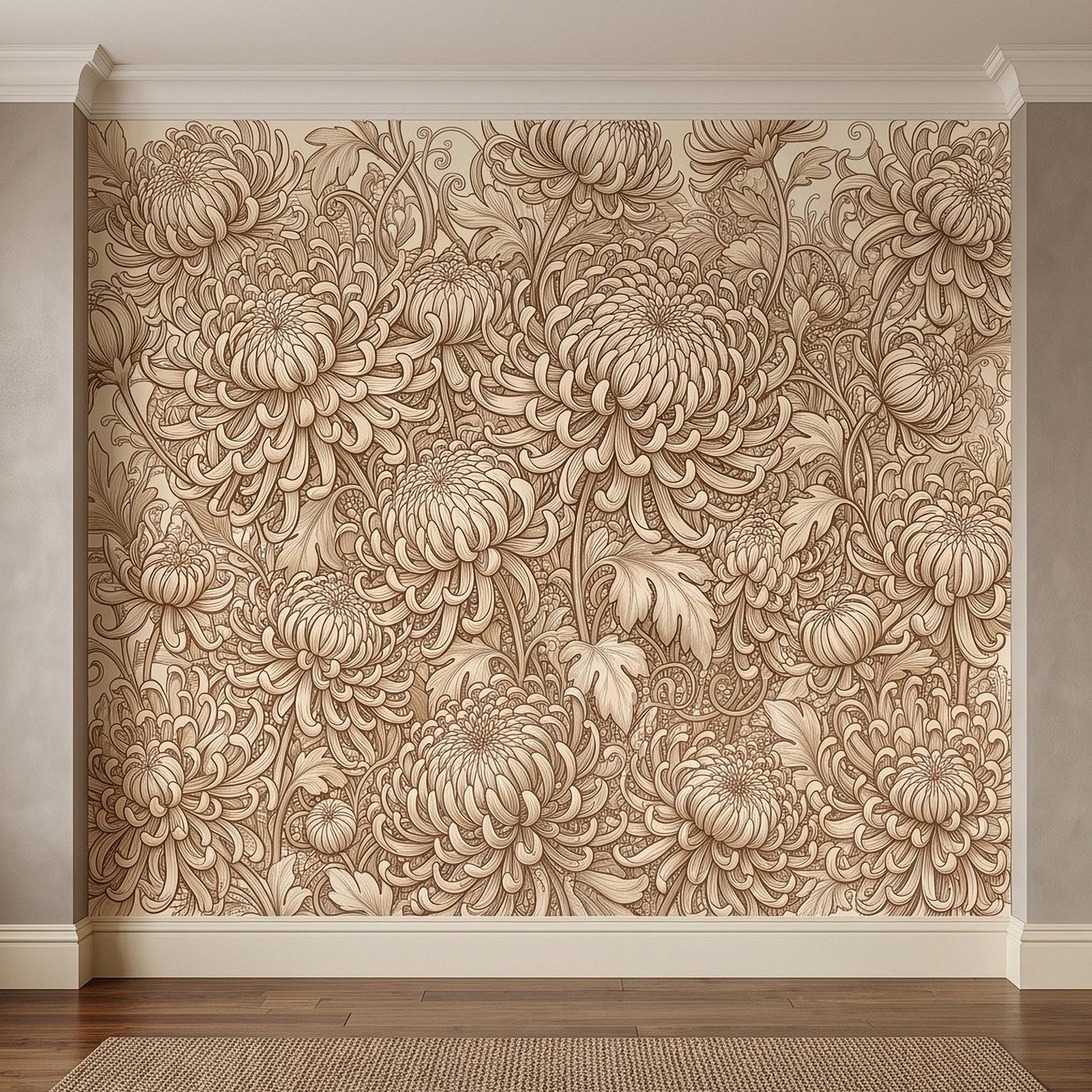 Vintage Chrysanthemum Peel and Stick Wall Mural, Beige Botanical Floral Asian Inspired Hand Drawn Bloom Line Art Wallpaper