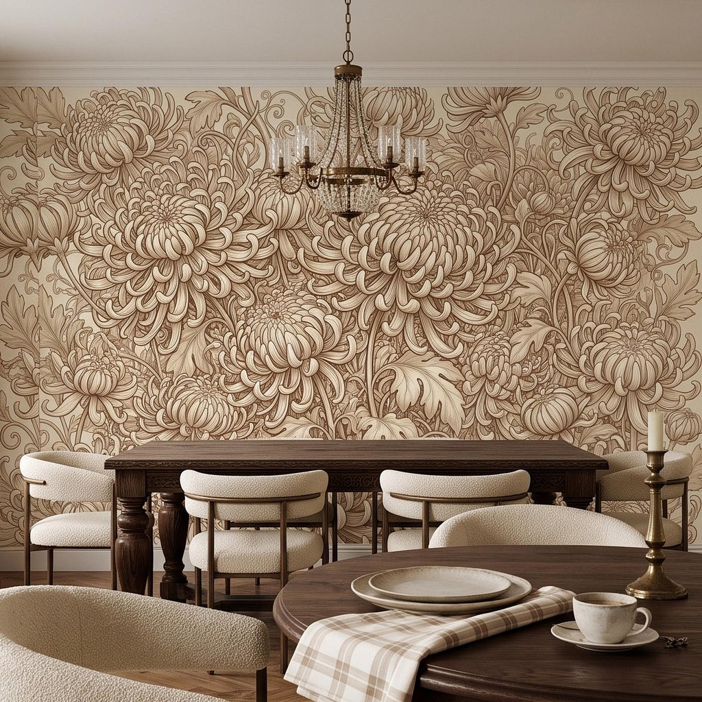 Vintage Chrysanthemum Peel and Stick Wall Mural, Beige Botanical Floral Asian Inspired Hand Drawn Bloom Line Art Wallpaper