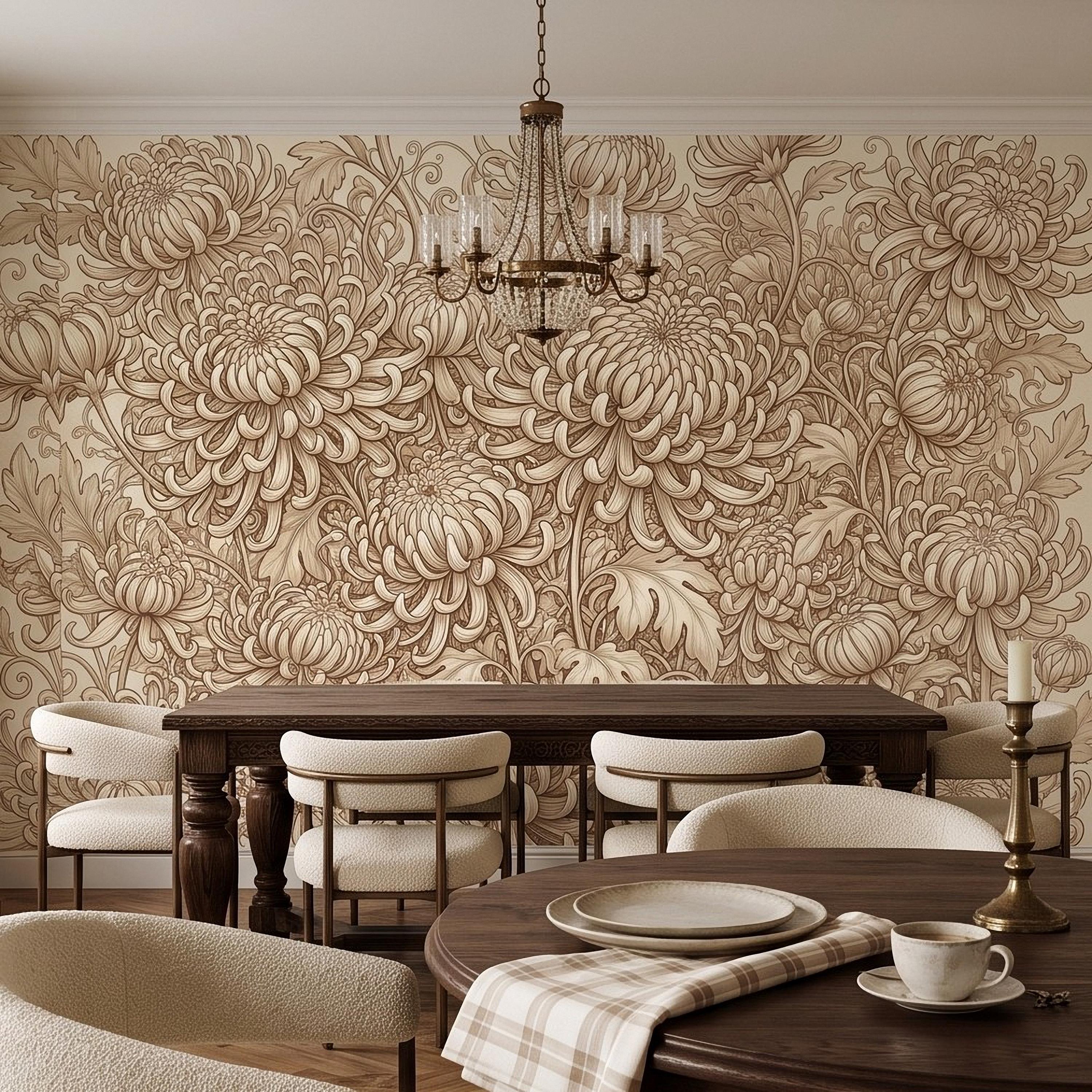 Vintage Chrysanthemum Peel and Stick Wall Mural, Beige Botanical Floral Asian Inspired Hand Drawn Bloom Line Art Wallpaper