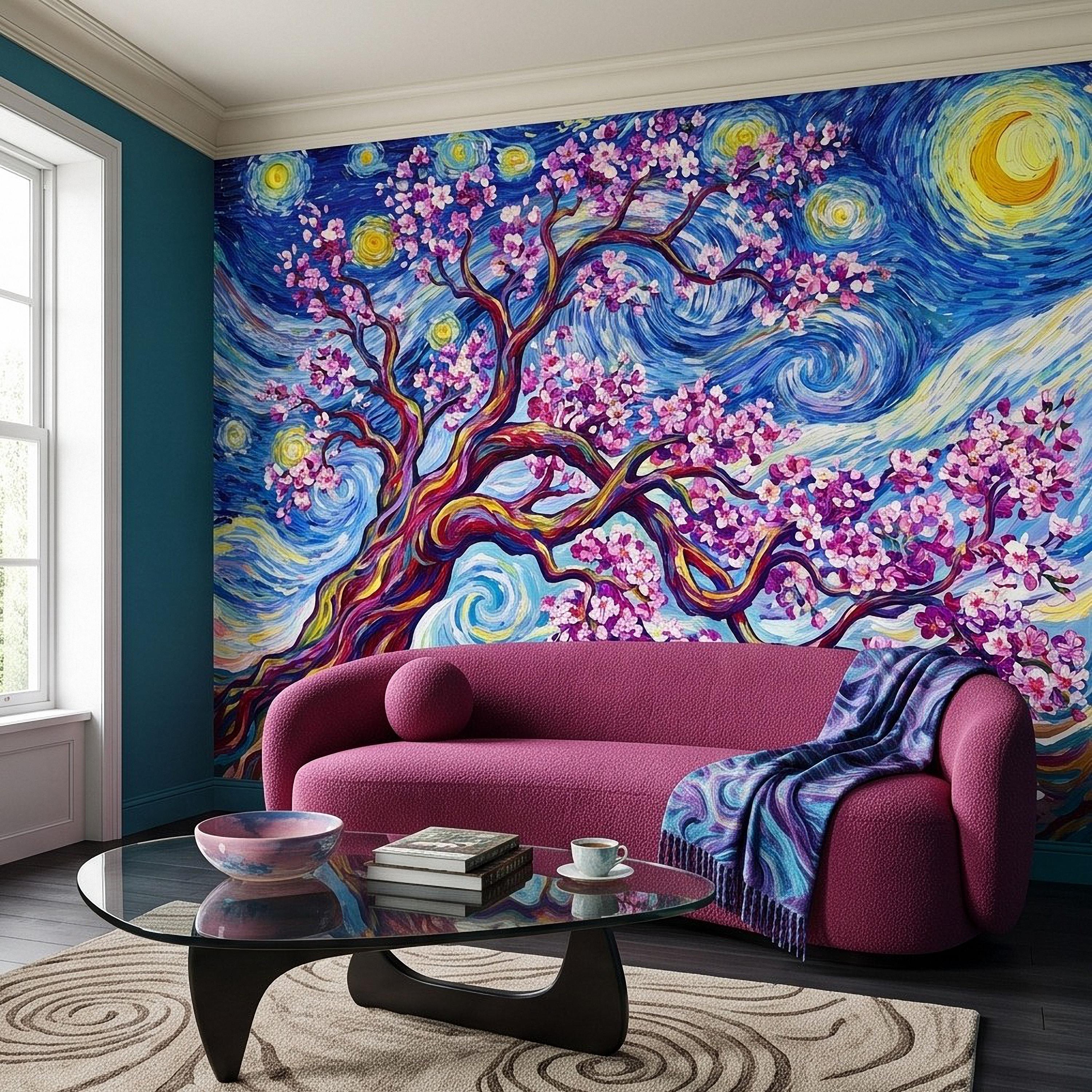Almond Blossom Starry Night Peel and Stick Wall Mural, Pink Flowering Tree Swirling Blue Sky Van Gogh Inspired Impasto Art Wallpaper