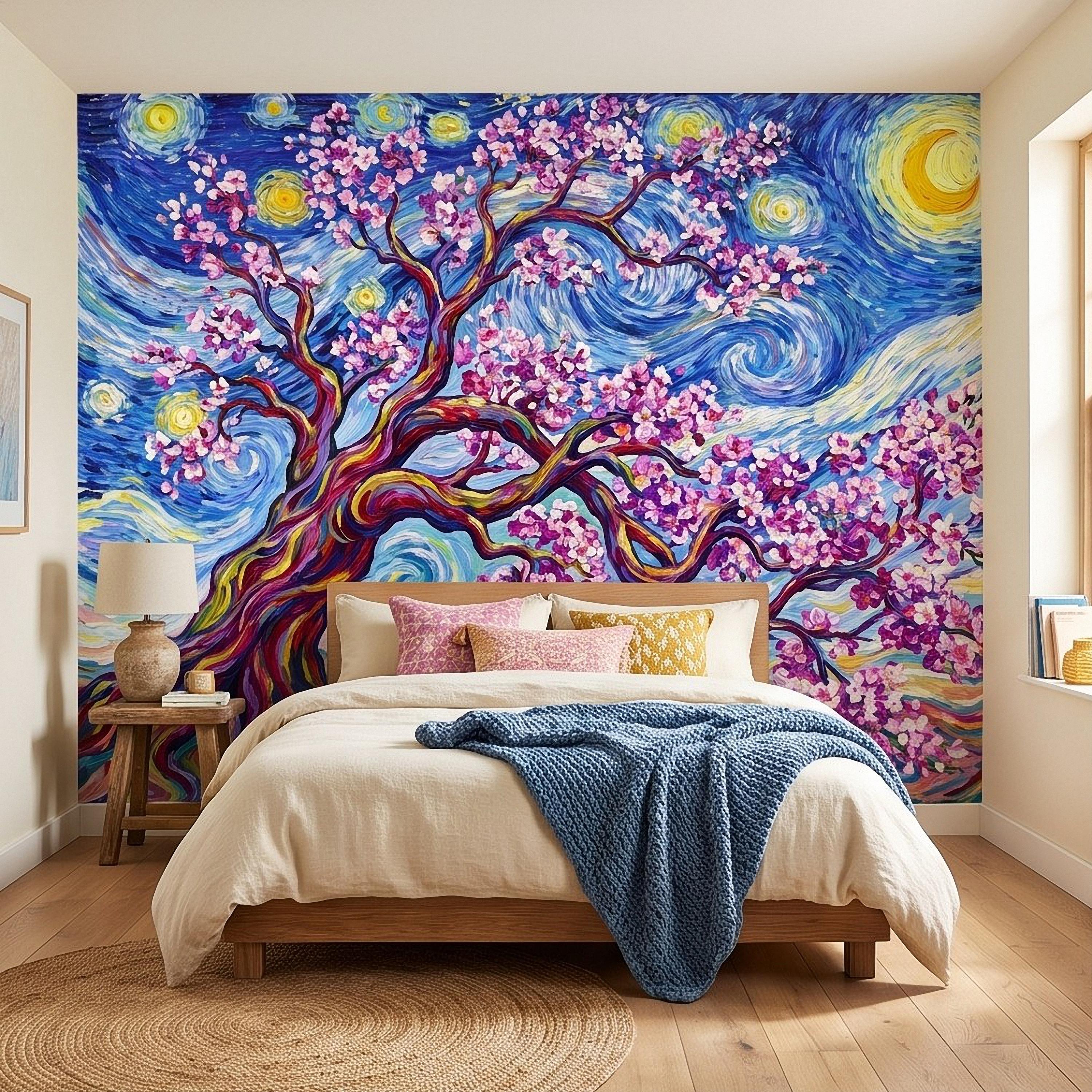 Almond Blossom Starry Night Peel and Stick Wall Mural, Pink Flowering Tree Swirling Blue Sky Van Gogh Inspired Impasto Art Wallpaper