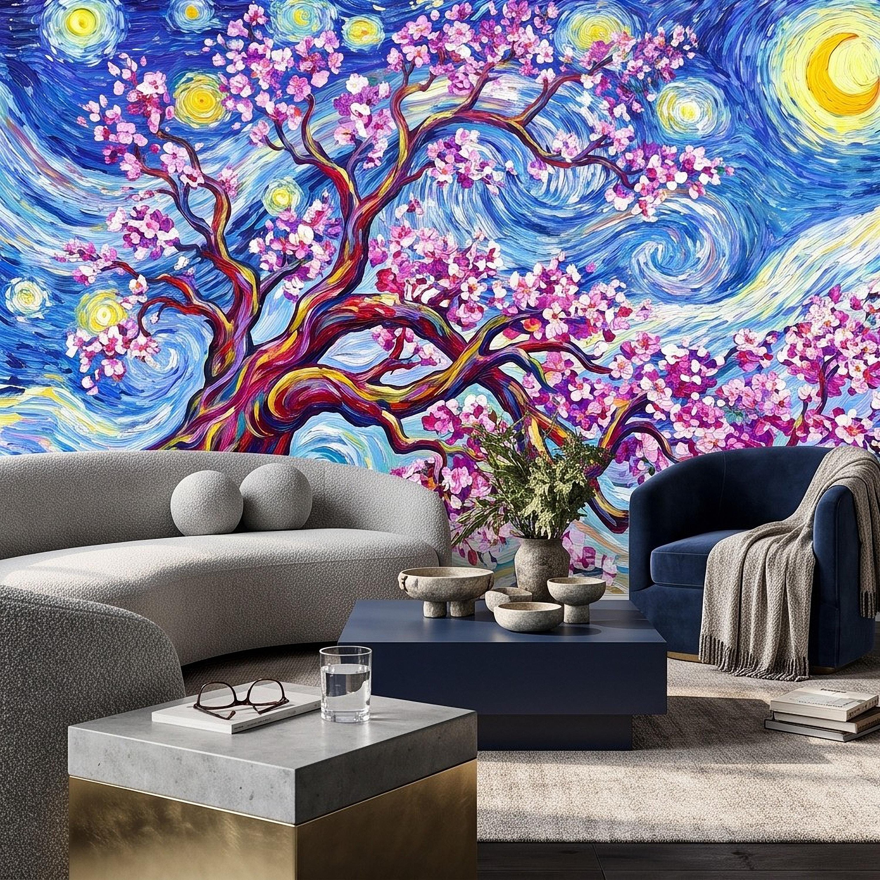 Almond Blossom Starry Night Peel and Stick Wall Mural, Pink Flowering Tree Swirling Blue Sky Van Gogh Inspired Impasto Art Wallpaper