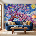 Almond Blossom Starry Night Peel and Stick Wall Mural, Pink Flowering Tree Swirling Blue Sky Van Gogh Inspired Impasto Art Wallpaper