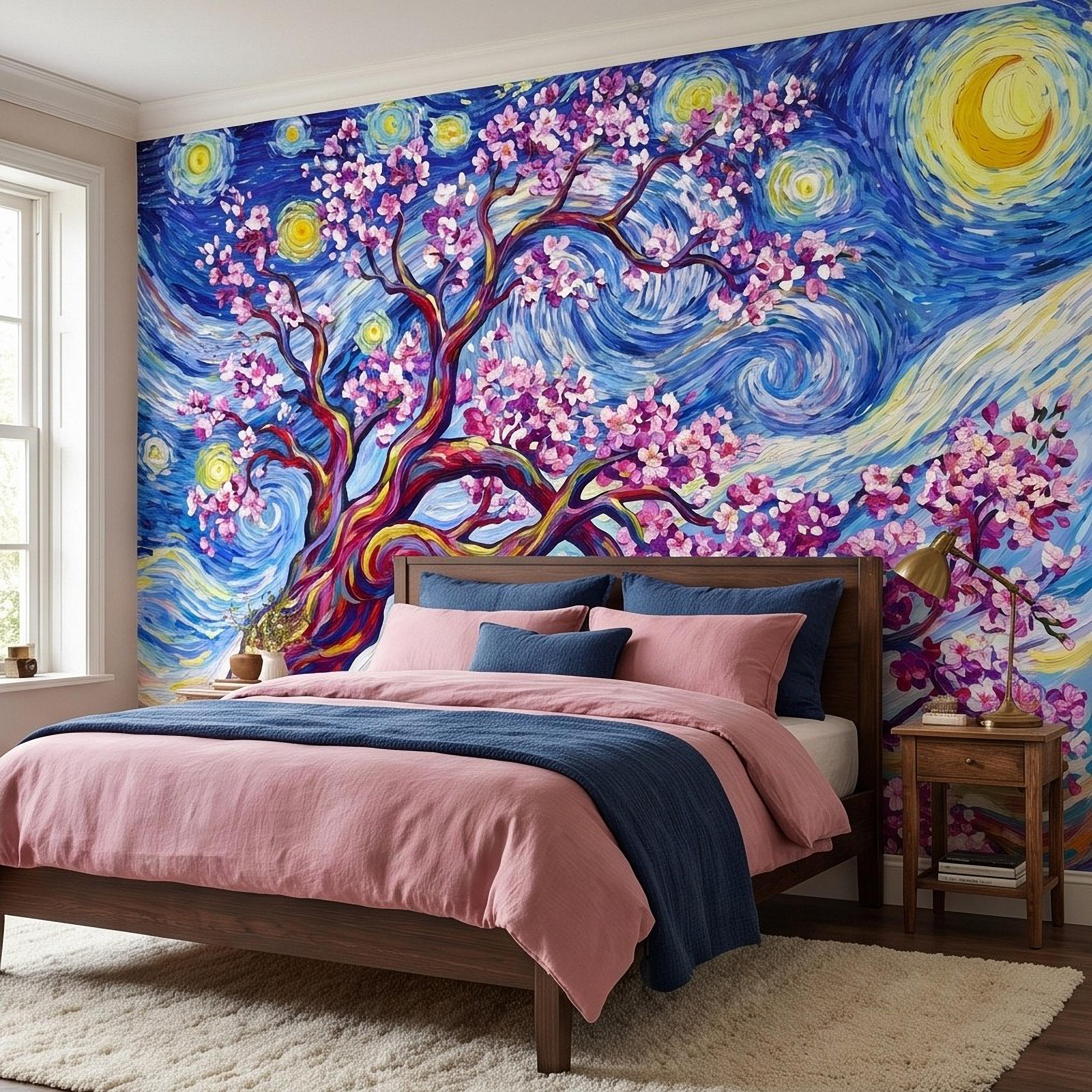 Almond Blossom Starry Night Peel and Stick Wall Mural, Pink Flowering Tree Swirling Blue Sky Van Gogh Inspired Impasto Art Wallpaper
