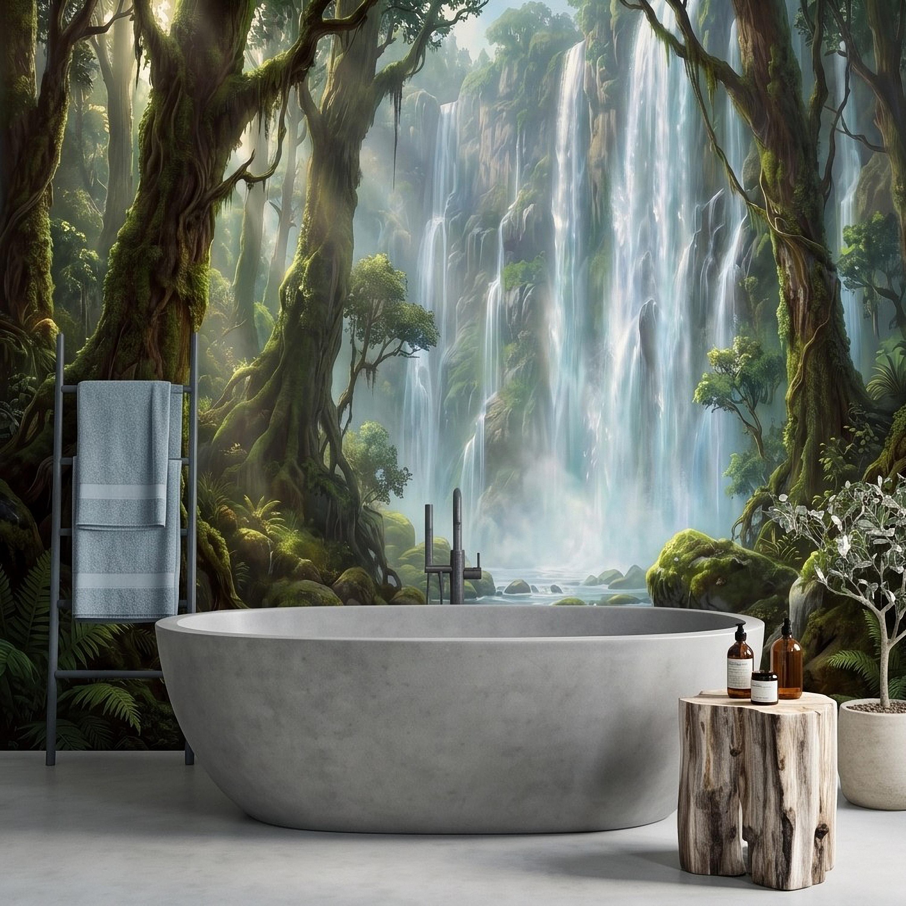 Tropical Waterfall Peel and Stick Wall Mural, Lush Rainforest Mossy Trees Serene Forest Stream Nature Landscape Wallpaper