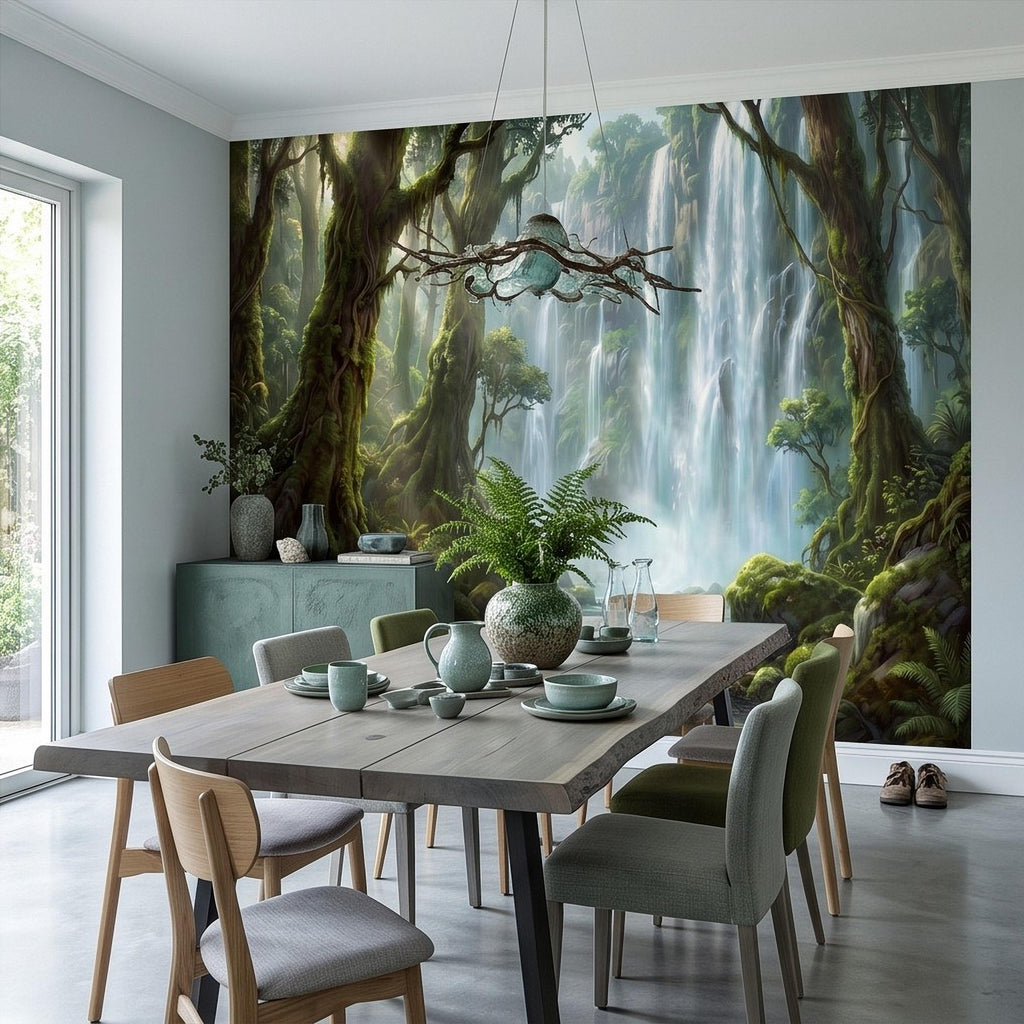 Tropical Waterfall Peel and Stick Wall Mural, Lush Rainforest Mossy Trees Serene Forest Stream Nature Landscape Wallpaper