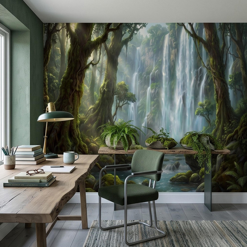 Tropical Waterfall Peel and Stick Wall Mural, Lush Rainforest Mossy Trees Serene Forest Stream Nature Landscape Wallpaper