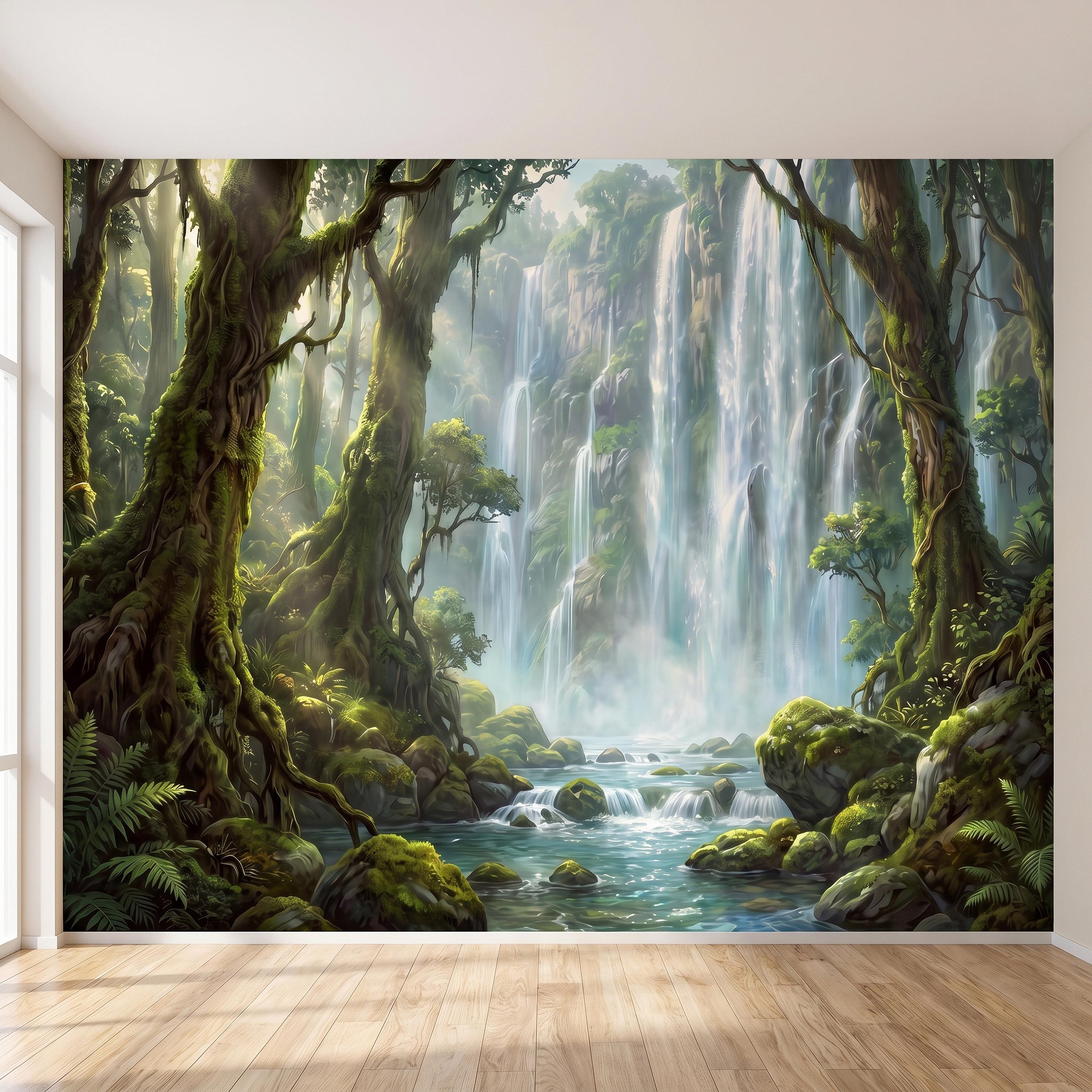 Tropical Waterfall Peel and Stick Wall Mural, Lush Rainforest Mossy Trees Serene Forest Stream Nature Landscape Wallpaper
