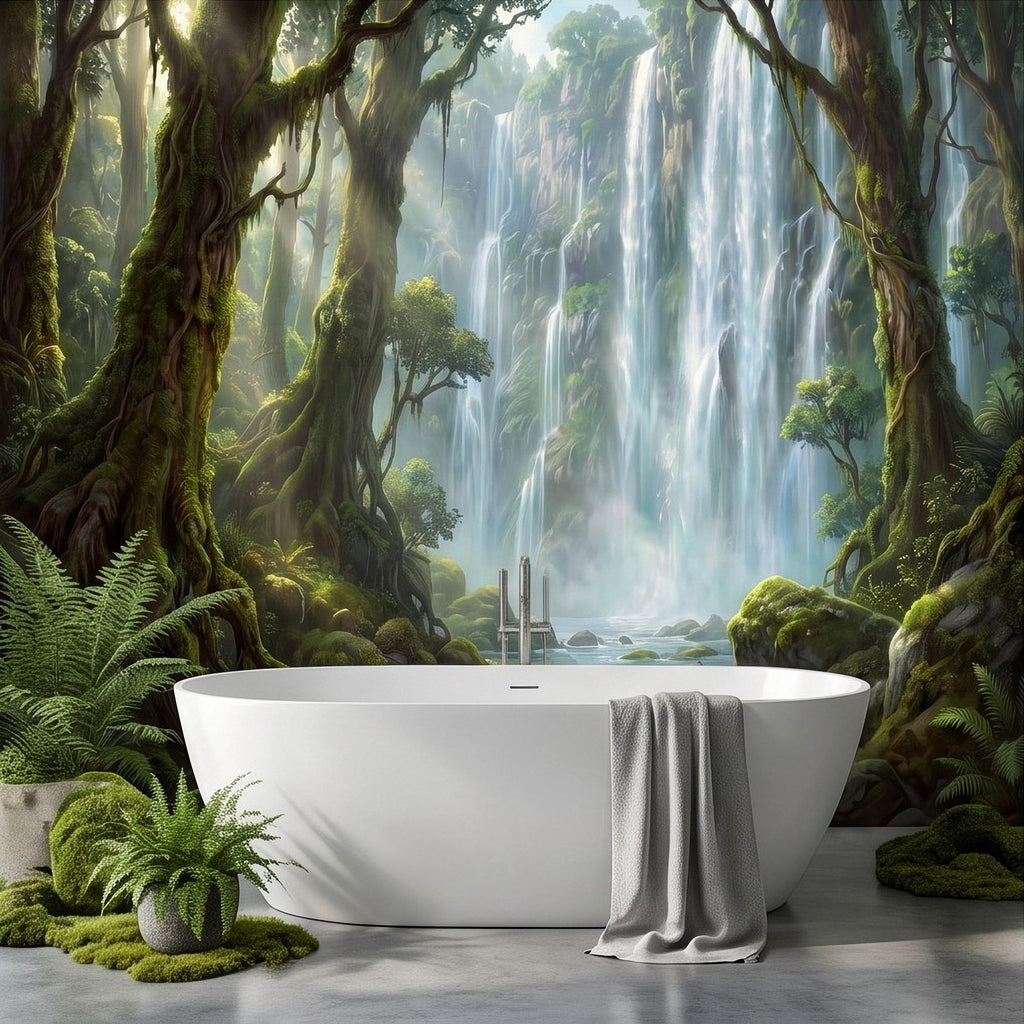 Tropical Waterfall Peel and Stick Wall Mural, Lush Rainforest Mossy Trees Serene Forest Stream Nature Landscape Wallpaper