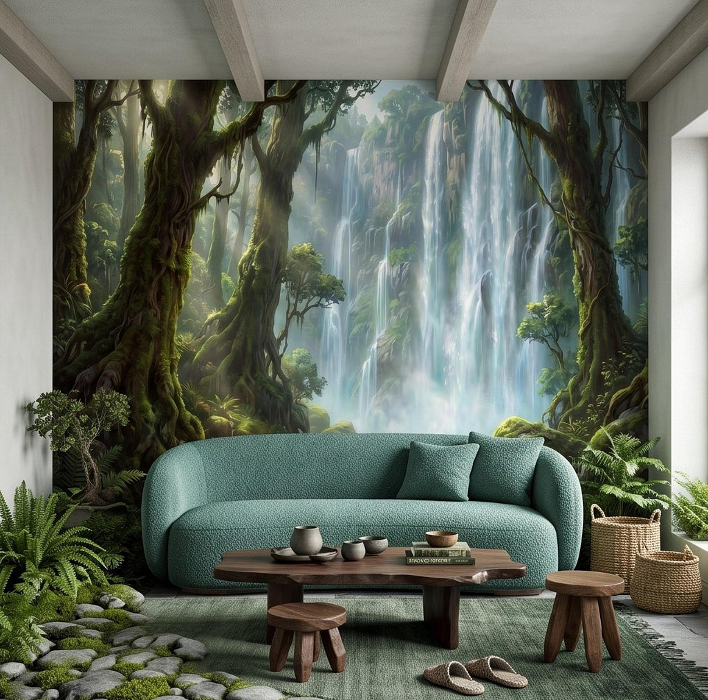 Tropical Waterfall Peel and Stick Wall Mural, Lush Rainforest Mossy Trees Serene Forest Stream Nature Landscape Wallpaper