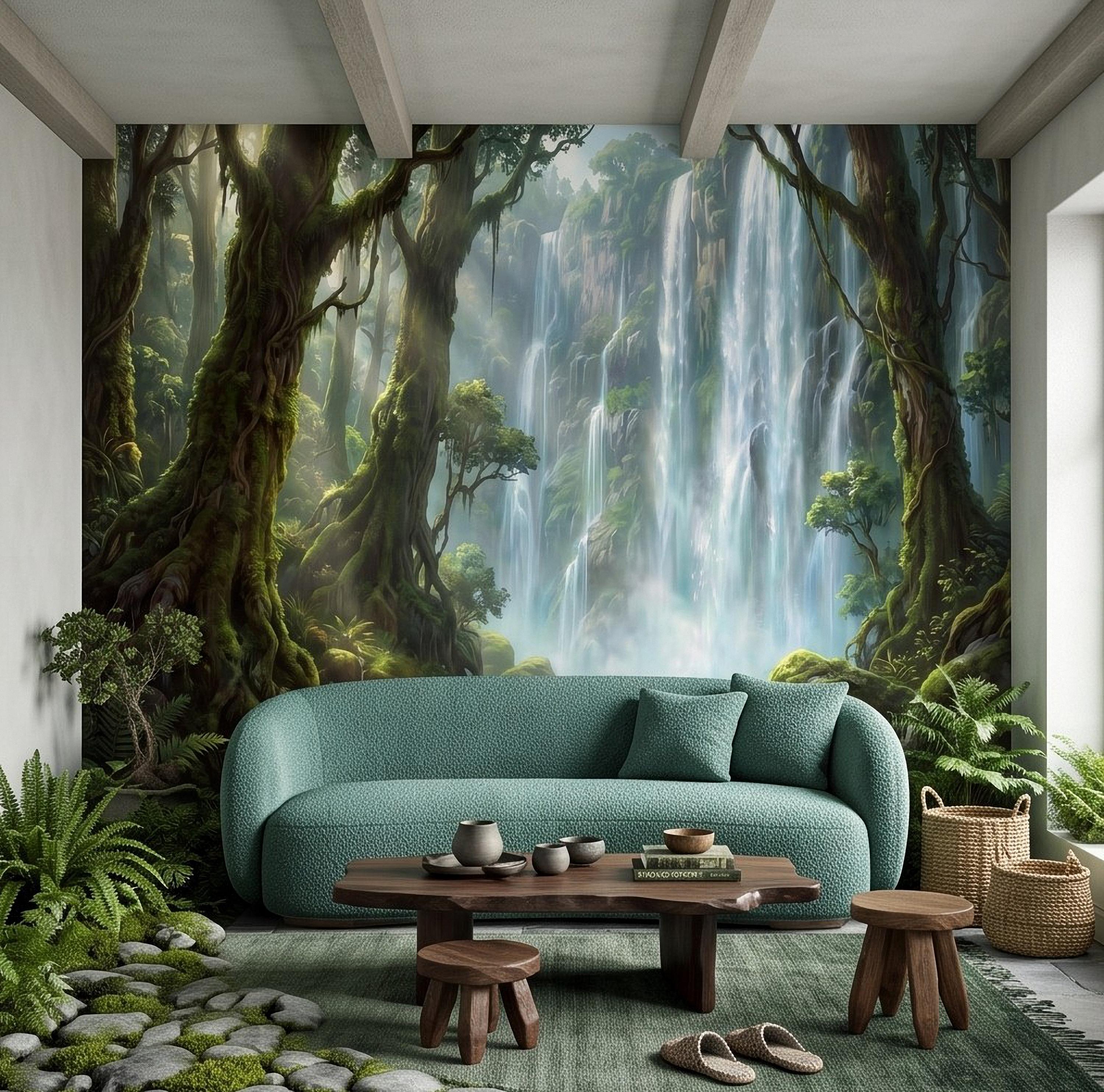 Tropical Waterfall Peel and Stick Wall Mural, Lush Rainforest Mossy Trees Serene Forest Stream Nature Landscape Wallpaper