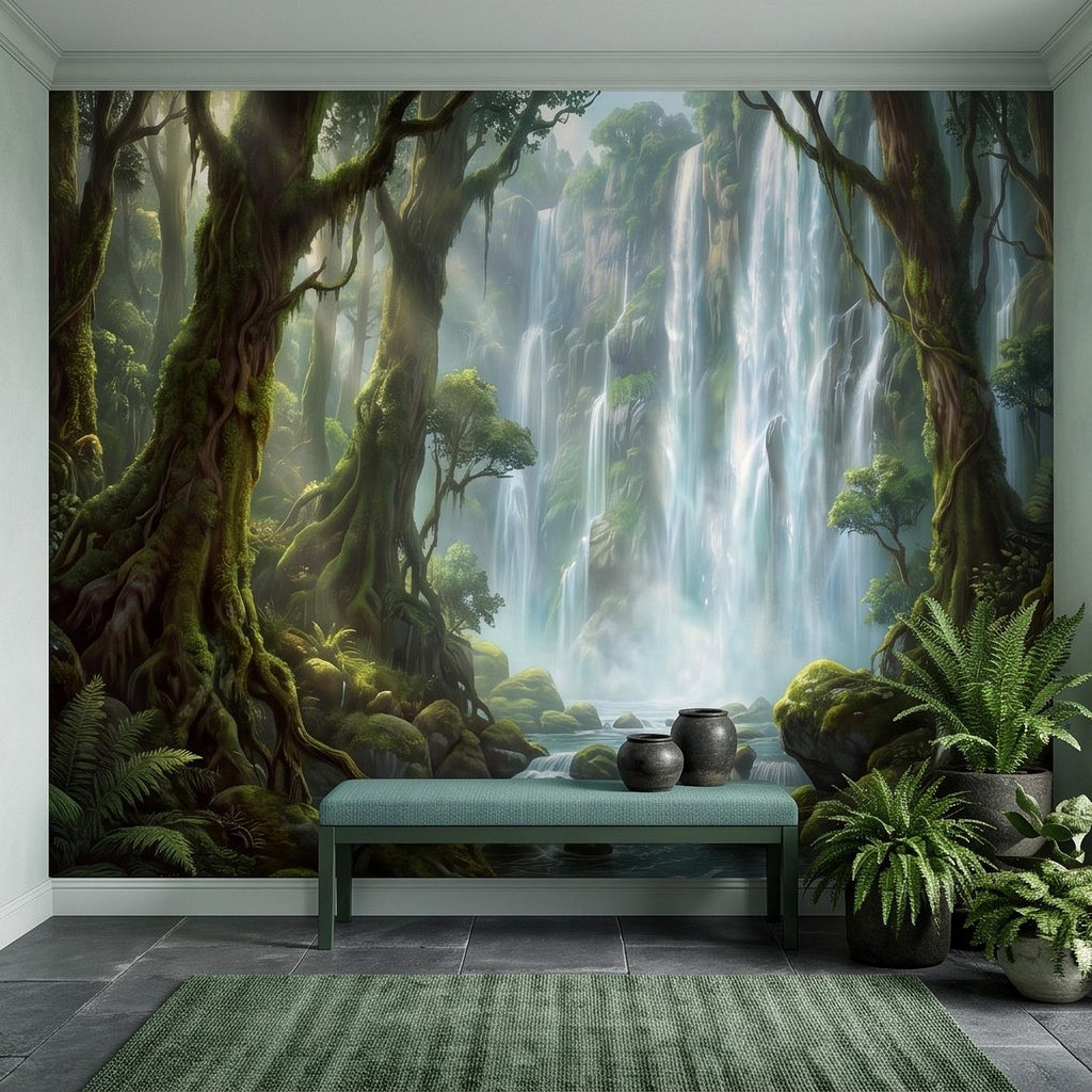 Tropical Waterfall Peel and Stick Wall Mural, Lush Rainforest Mossy Trees Serene Forest Stream Nature Landscape Wallpaper