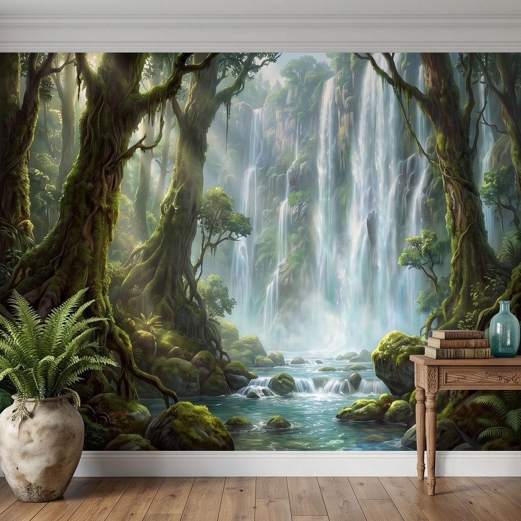 Tropical Waterfall Peel and Stick Wall Mural, Lush Rainforest Mossy Trees Serene Forest Stream Nature Landscape Wallpaper