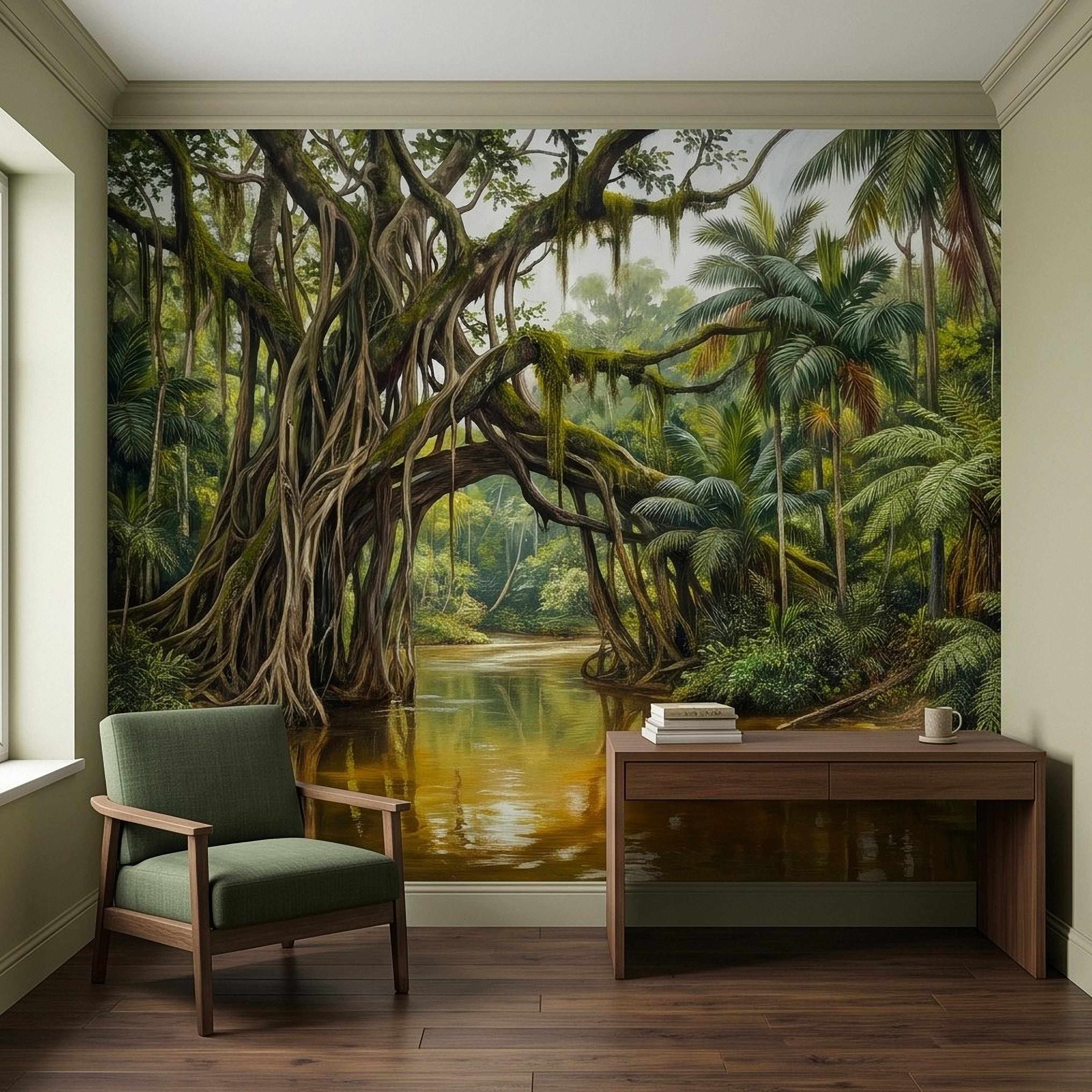 Tropical Rainforest Peel and Stick Wall Mural, Lush Jungle River Landscape Giant Banyan Tree Palms Vintage Botanical Painting Wallpaper