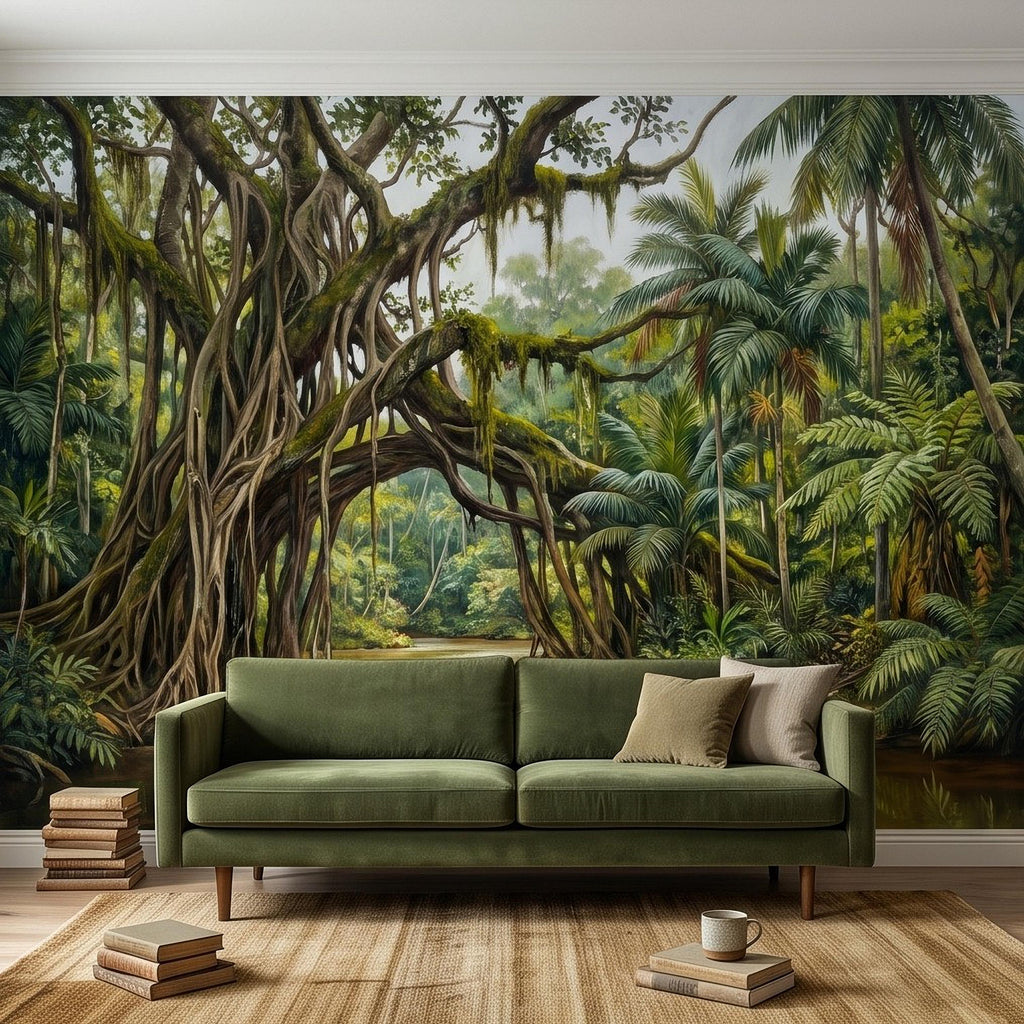 Tropical Rainforest Peel and Stick Wall Mural, Lush Jungle River Landscape Giant Banyan Tree Palms Vintage Botanical Painting Wallpaper
