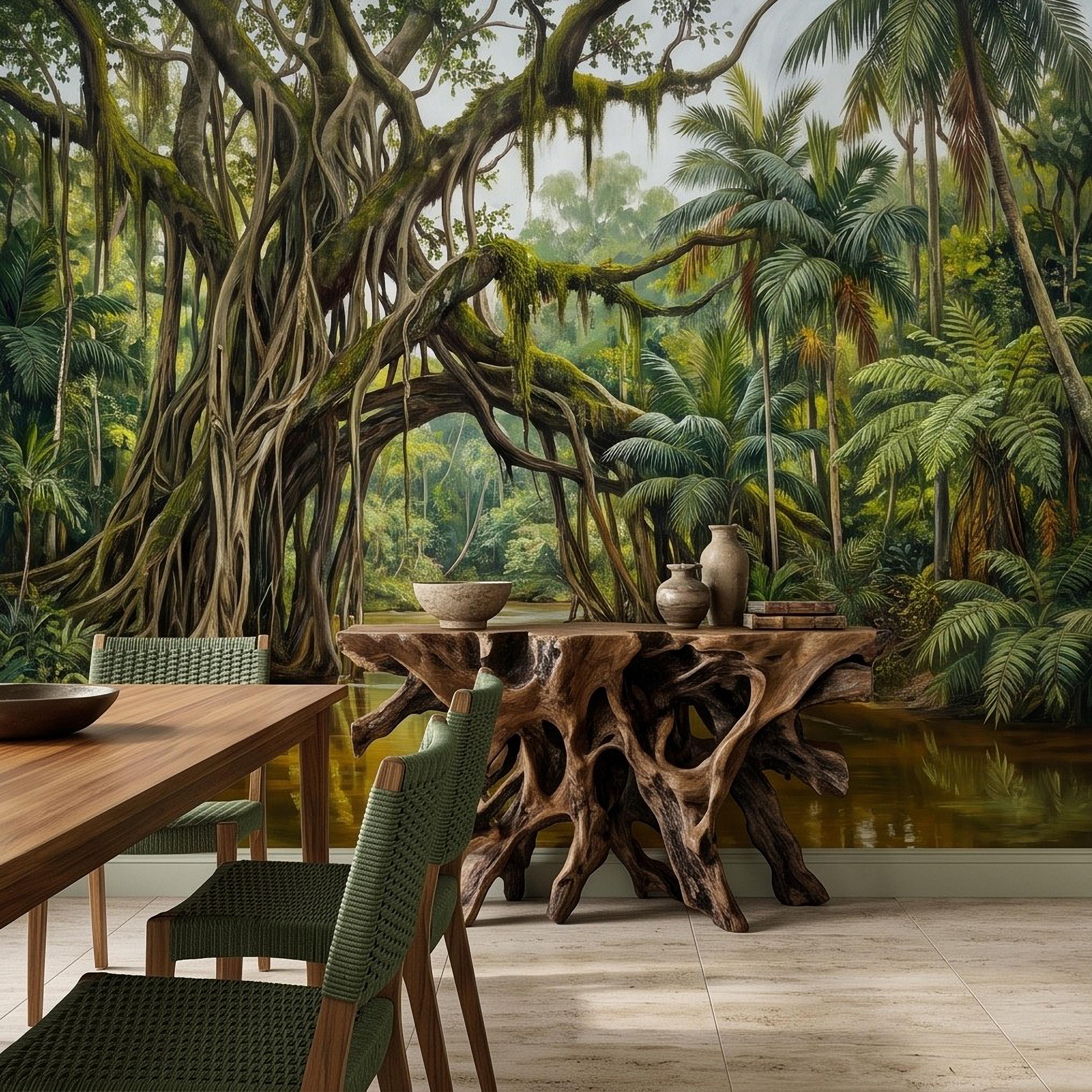 Tropical Rainforest Peel and Stick Wall Mural, Lush Jungle River Landscape Giant Banyan Tree Palms Vintage Botanical Painting Wallpaper