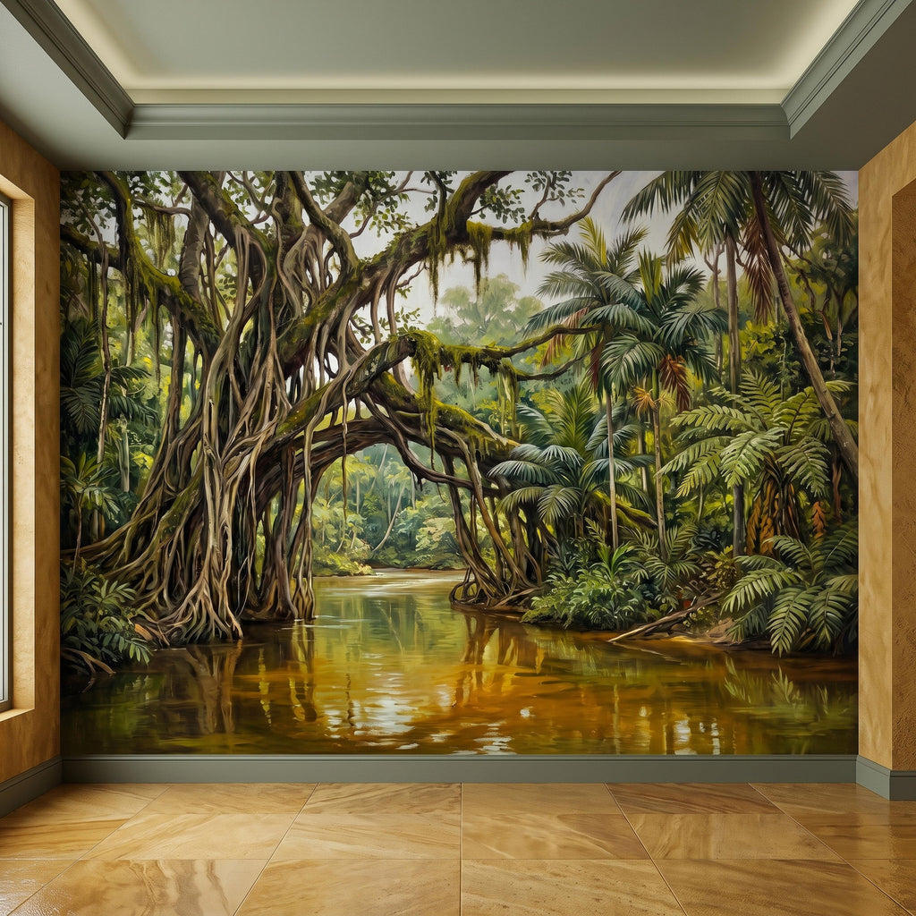 Tropical Rainforest Peel and Stick Wall Mural, Lush Jungle River Landscape Giant Banyan Tree Palms Vintage Botanical Painting Wallpaper