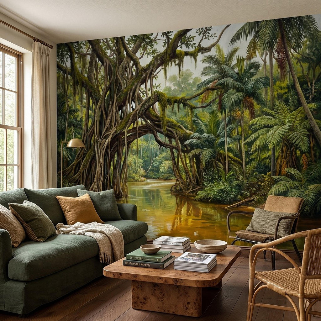 Tropical Rainforest Peel and Stick Wall Mural, Lush Jungle River Landscape Giant Banyan Tree Palms Vintage Botanical Painting Wallpaper