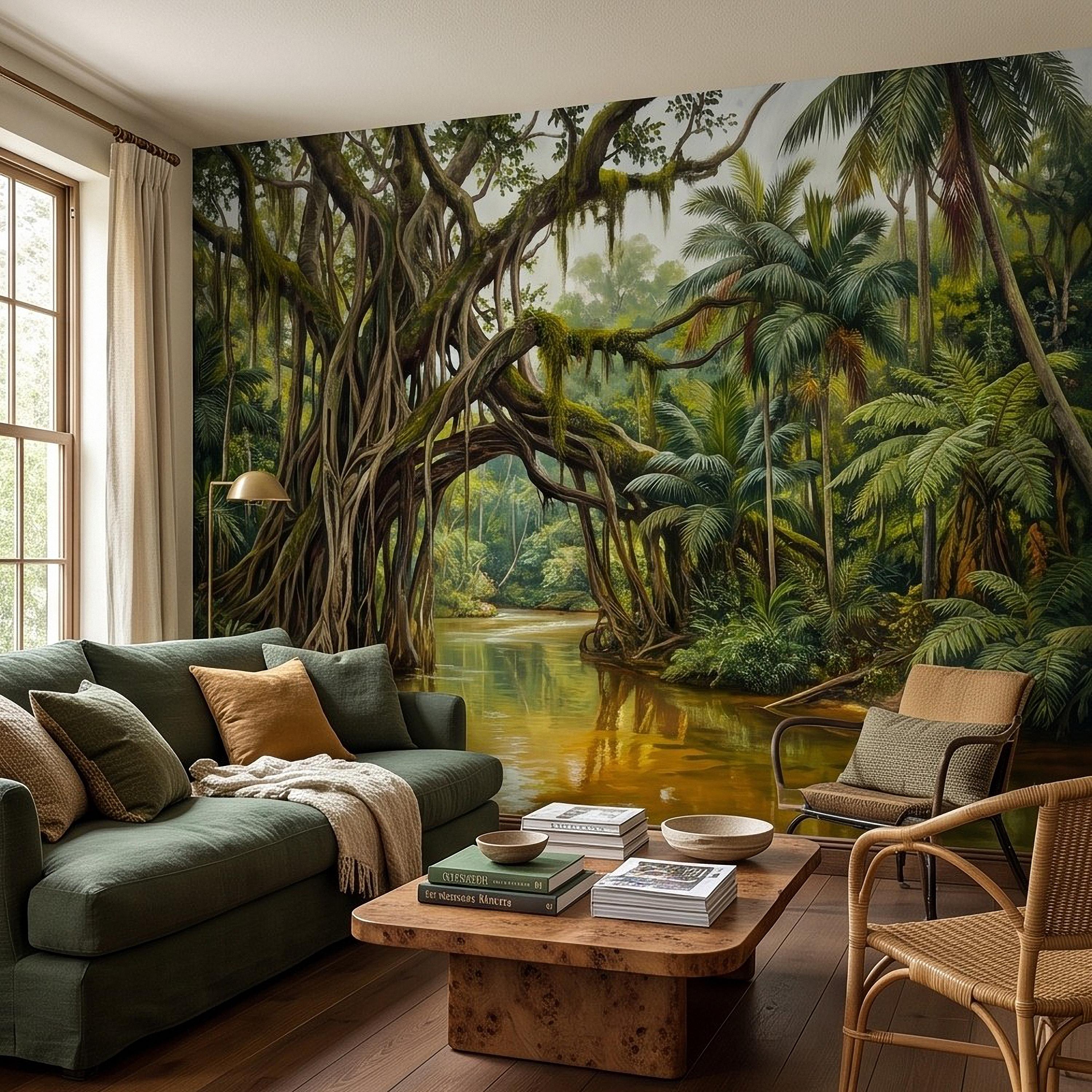Tropical Rainforest Peel and Stick Wall Mural, Lush Jungle River Landscape Giant Banyan Tree Palms Vintage Botanical Painting Wallpaper