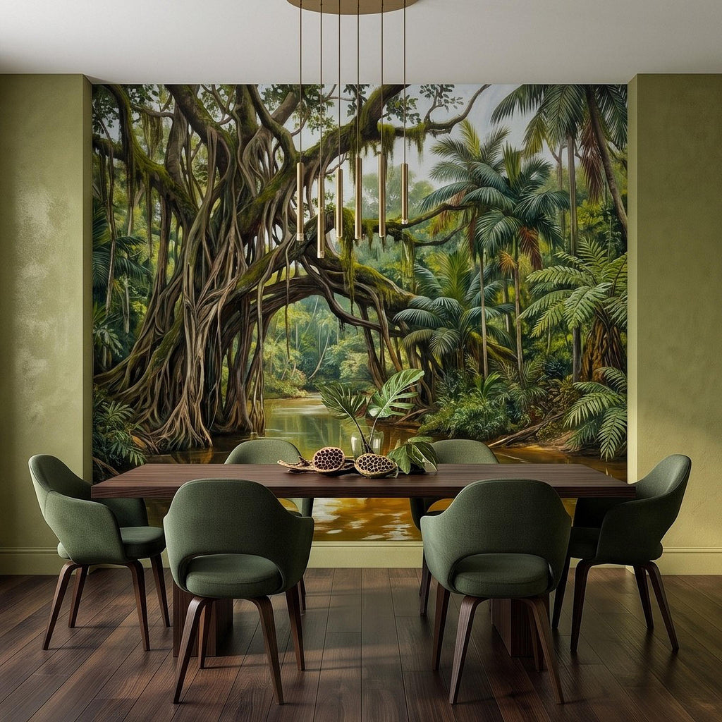 Tropical Rainforest Peel and Stick Wall Mural, Lush Jungle River Landscape Giant Banyan Tree Palms Vintage Botanical Painting Wallpaper