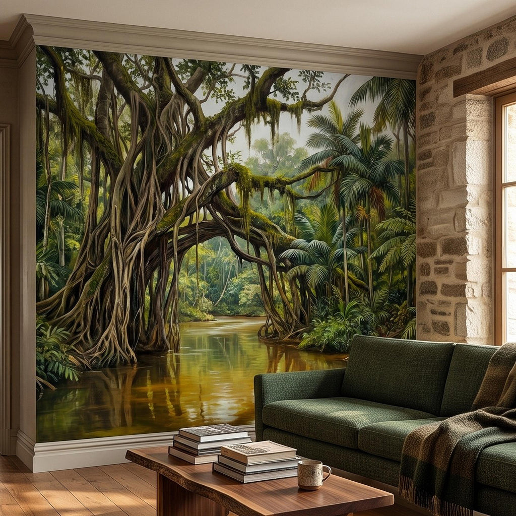 Tropical Rainforest Peel and Stick Wall Mural, Lush Jungle River Landscape Giant Banyan Tree Palms Vintage Botanical Painting Wallpaper