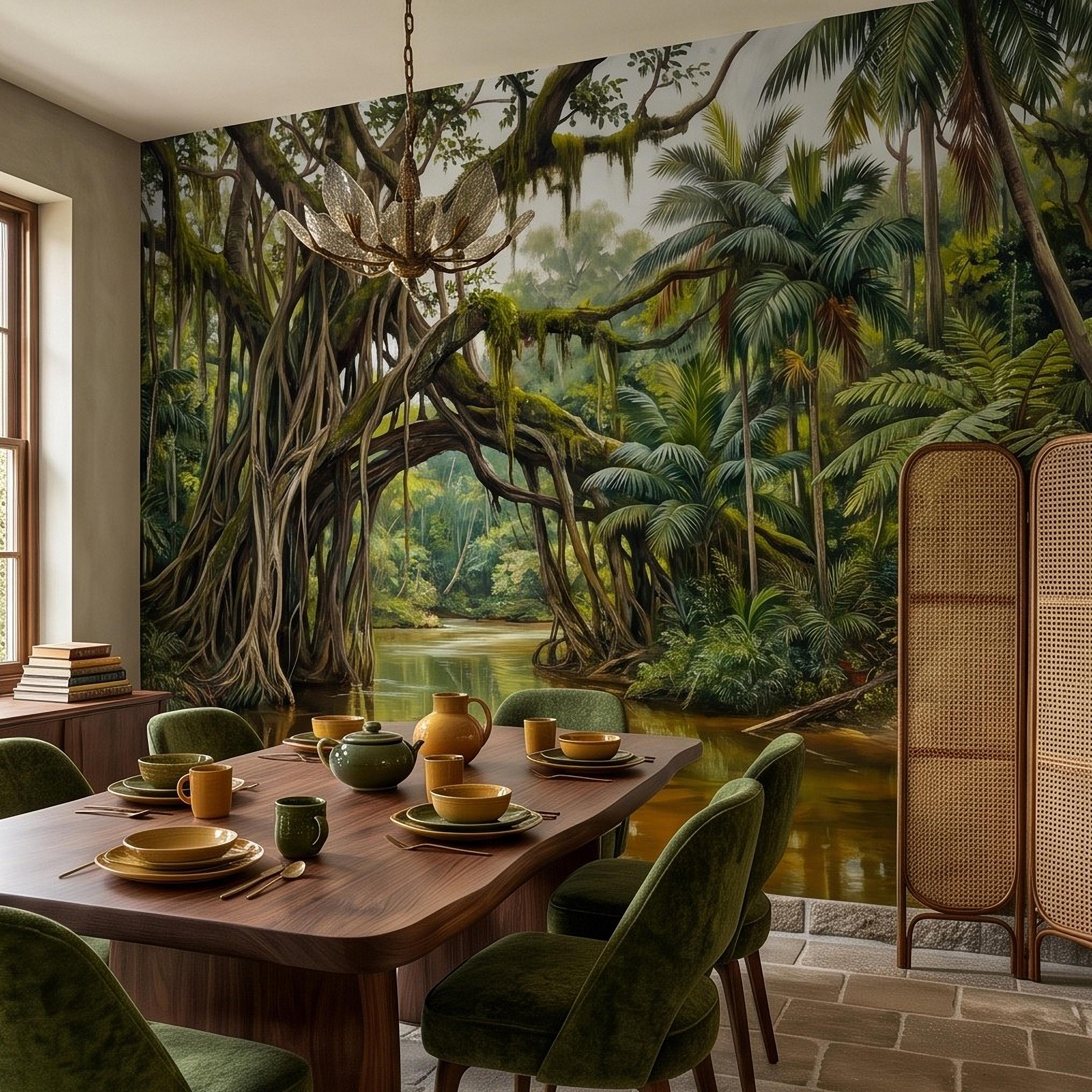 Tropical Rainforest Peel and Stick Wall Mural, Lush Jungle River Landscape Giant Banyan Tree Palms Vintage Botanical Painting Wallpaper