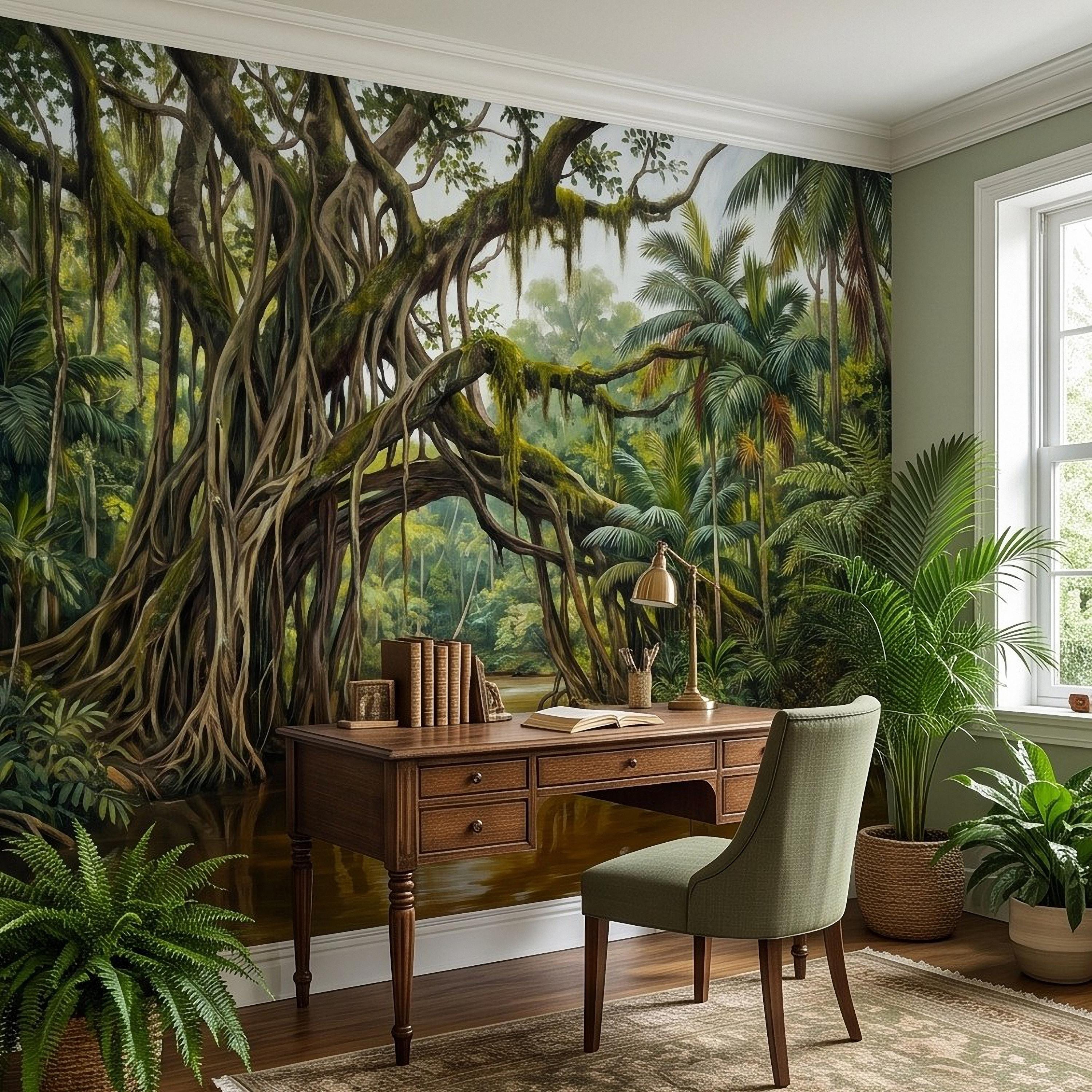 Tropical Rainforest Peel and Stick Wall Mural, Lush Jungle River Landscape Giant Banyan Tree Palms Vintage Botanical Painting Wallpaper
