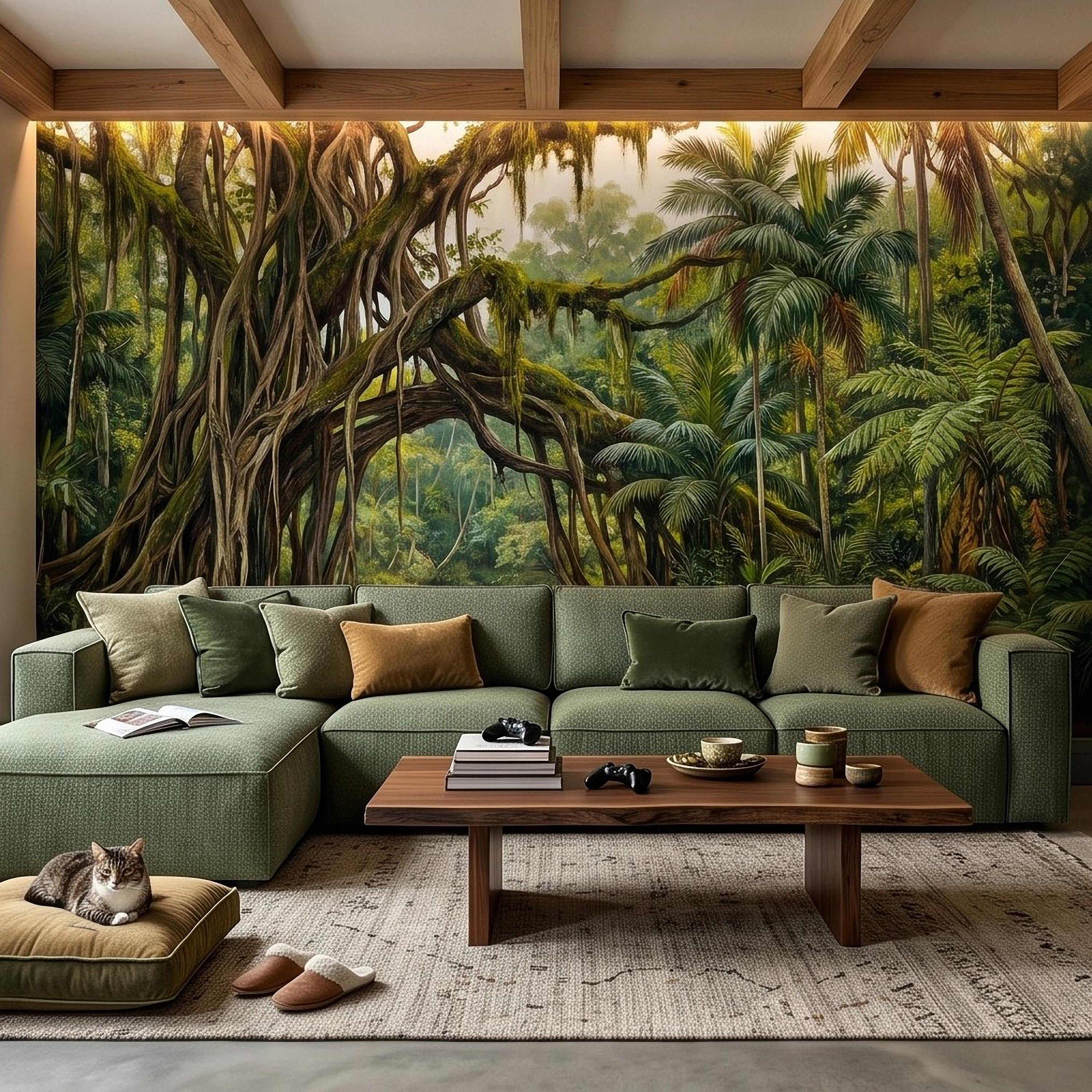 Tropical Rainforest Peel and Stick Wall Mural, Lush Jungle River Landscape Giant Banyan Tree Palms Vintage Botanical Painting Wallpaper