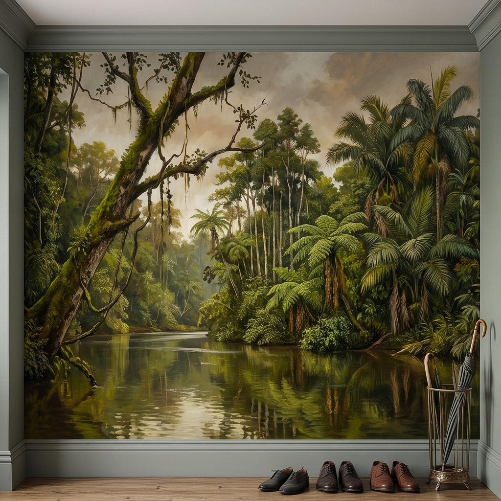 Tropical Jungle Peel and Stick Wall Mural, Lush Rainforest River Landscape Palm Trees Vintage Botanical Oil Painting Nature Scenic Wallpaper