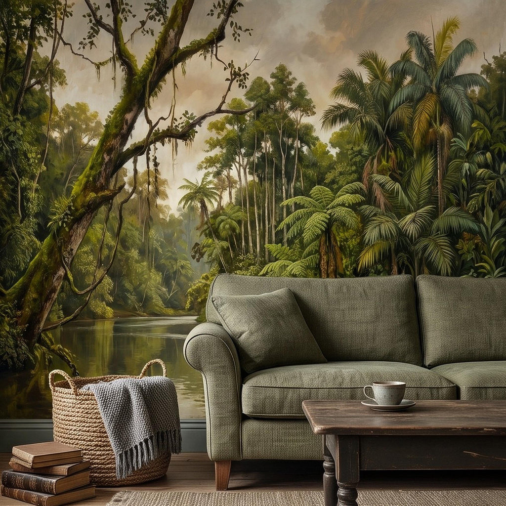 Tropical Jungle Peel and Stick Wall Mural, Lush Rainforest River Landscape Palm Trees Vintage Botanical Oil Painting Nature Scenic Wallpaper