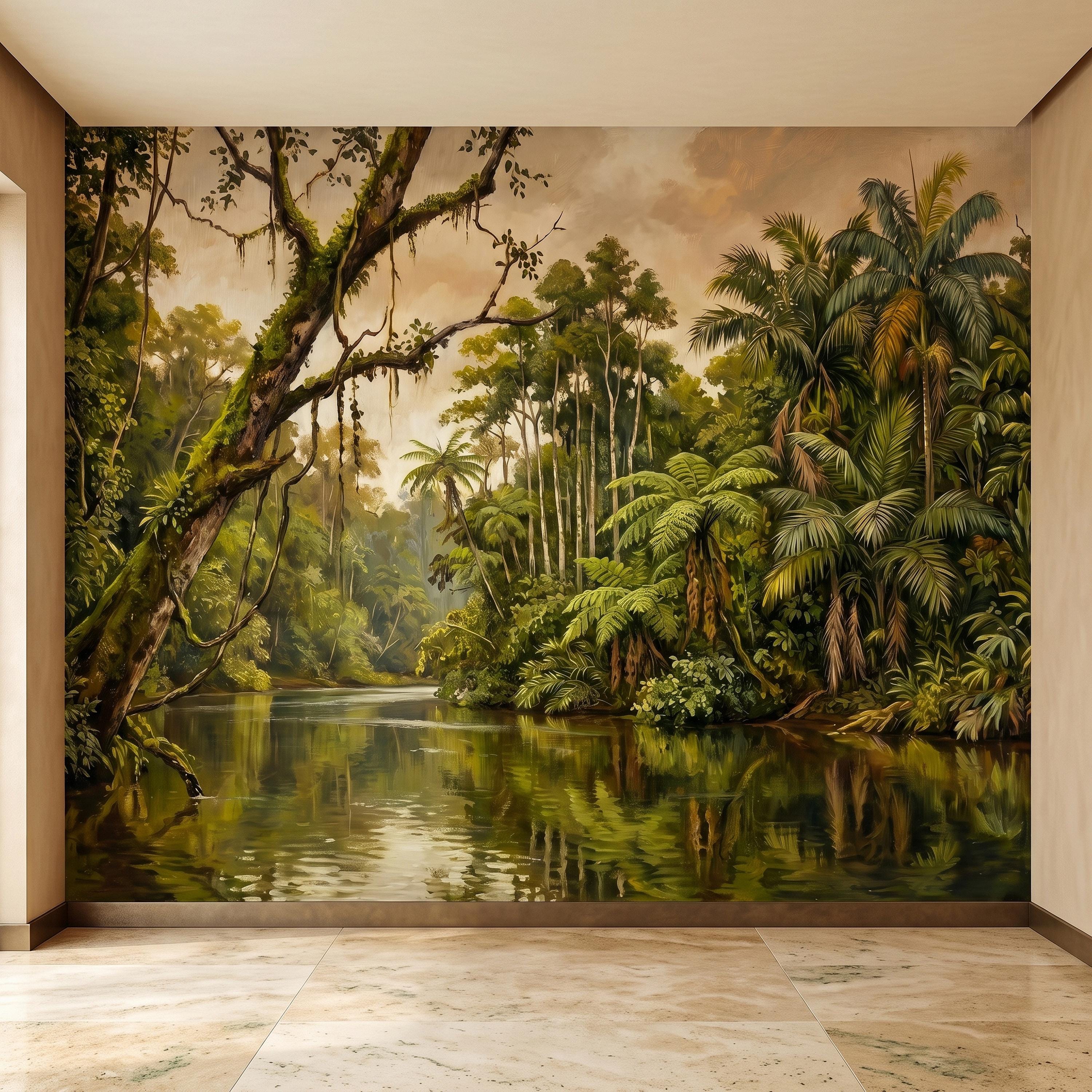 Tropical Jungle Peel and Stick Wall Mural, Lush Rainforest River Landscape Palm Trees Vintage Botanical Oil Painting Nature Scenic Wallpaper