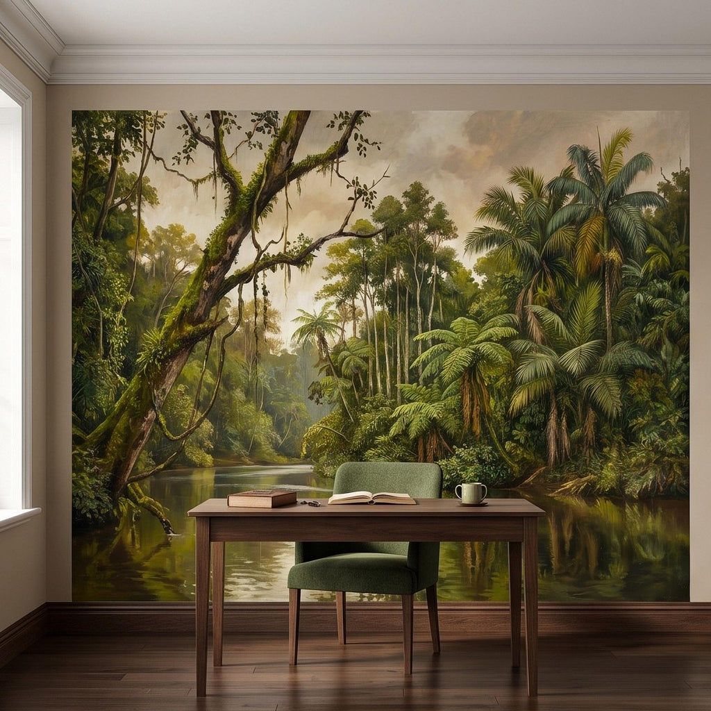 Tropical Jungle Peel and Stick Wall Mural, Lush Rainforest River Landscape Palm Trees Vintage Botanical Oil Painting Nature Scenic Wallpaper