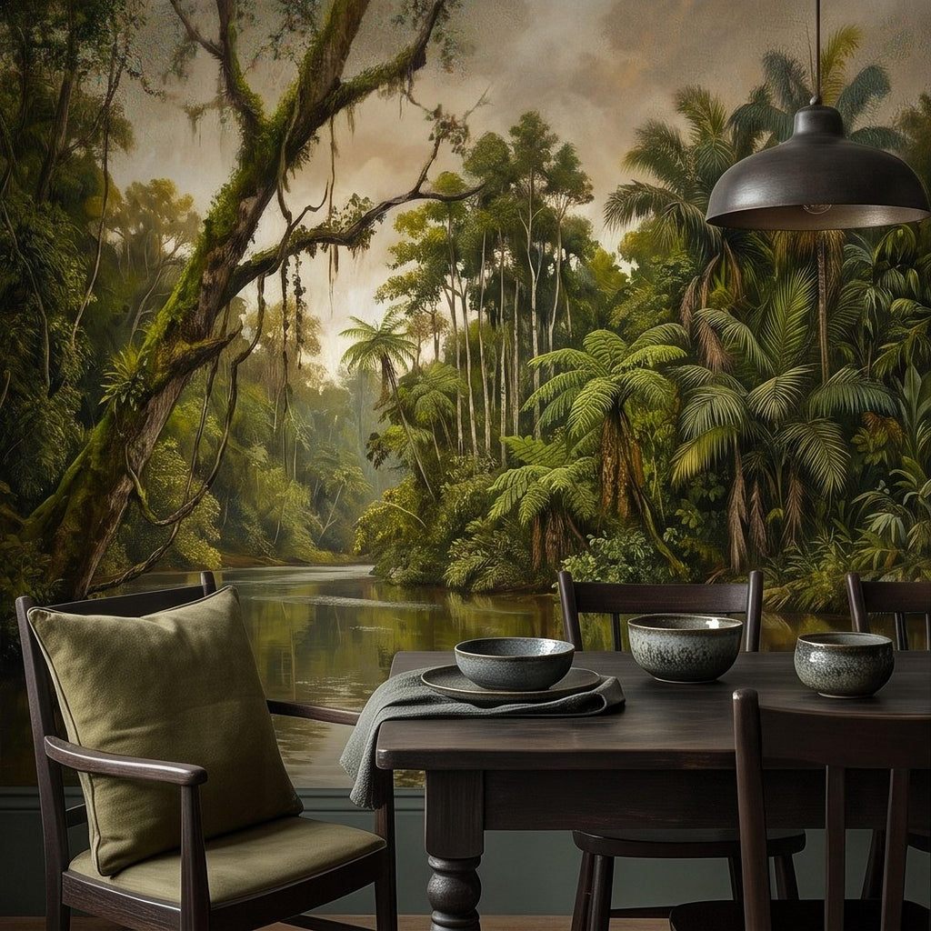 Tropical Jungle Peel and Stick Wall Mural, Lush Rainforest River Landscape Palm Trees Vintage Botanical Oil Painting Nature Scenic Wallpaper