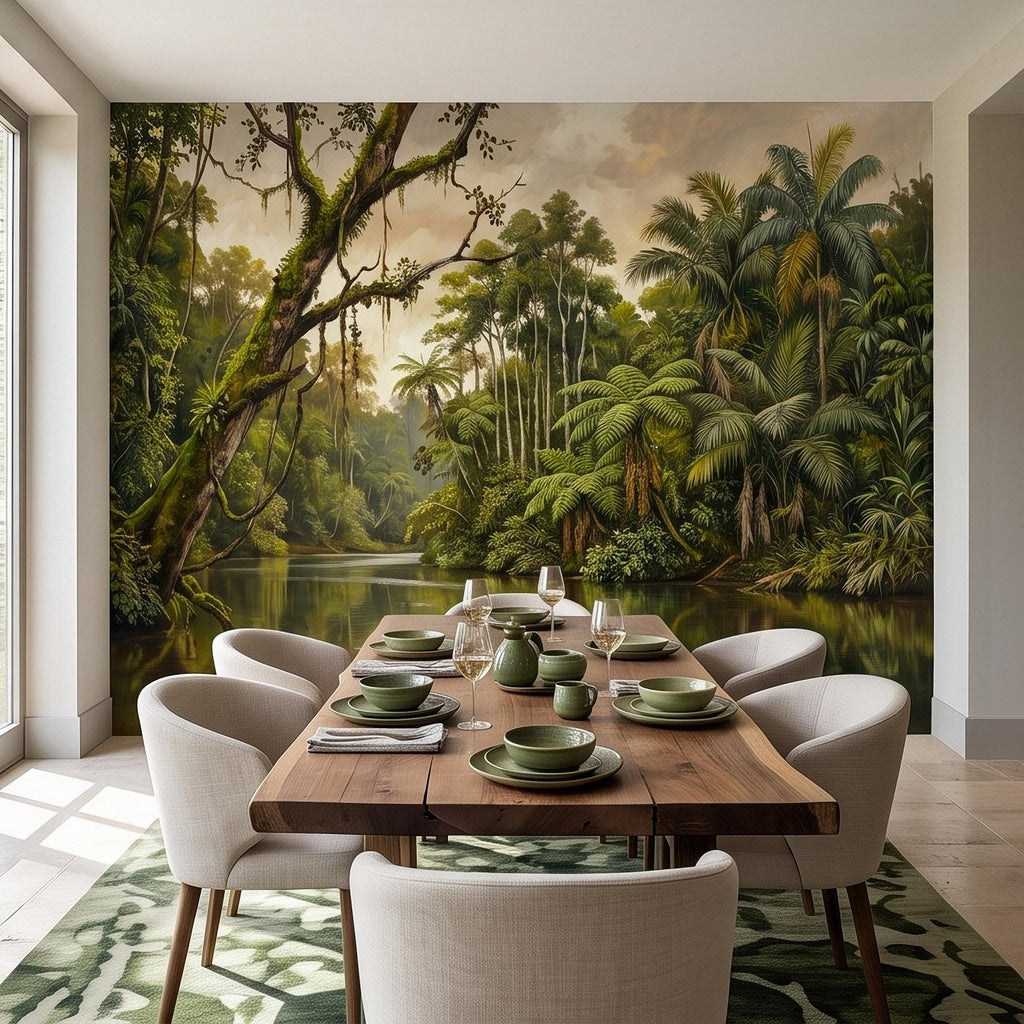 Tropical Jungle Peel and Stick Wall Mural, Lush Rainforest River Landscape Palm Trees Vintage Botanical Oil Painting Nature Scenic Wallpaper
