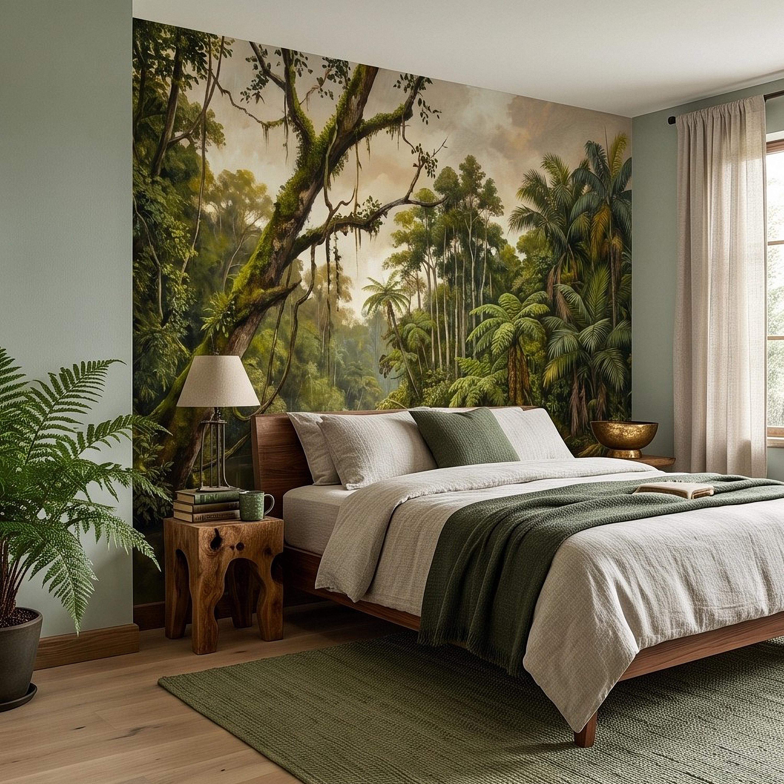 Tropical Jungle Peel and Stick Wall Mural, Lush Rainforest River Landscape Palm Trees Vintage Botanical Oil Painting Nature Scenic Wallpaper