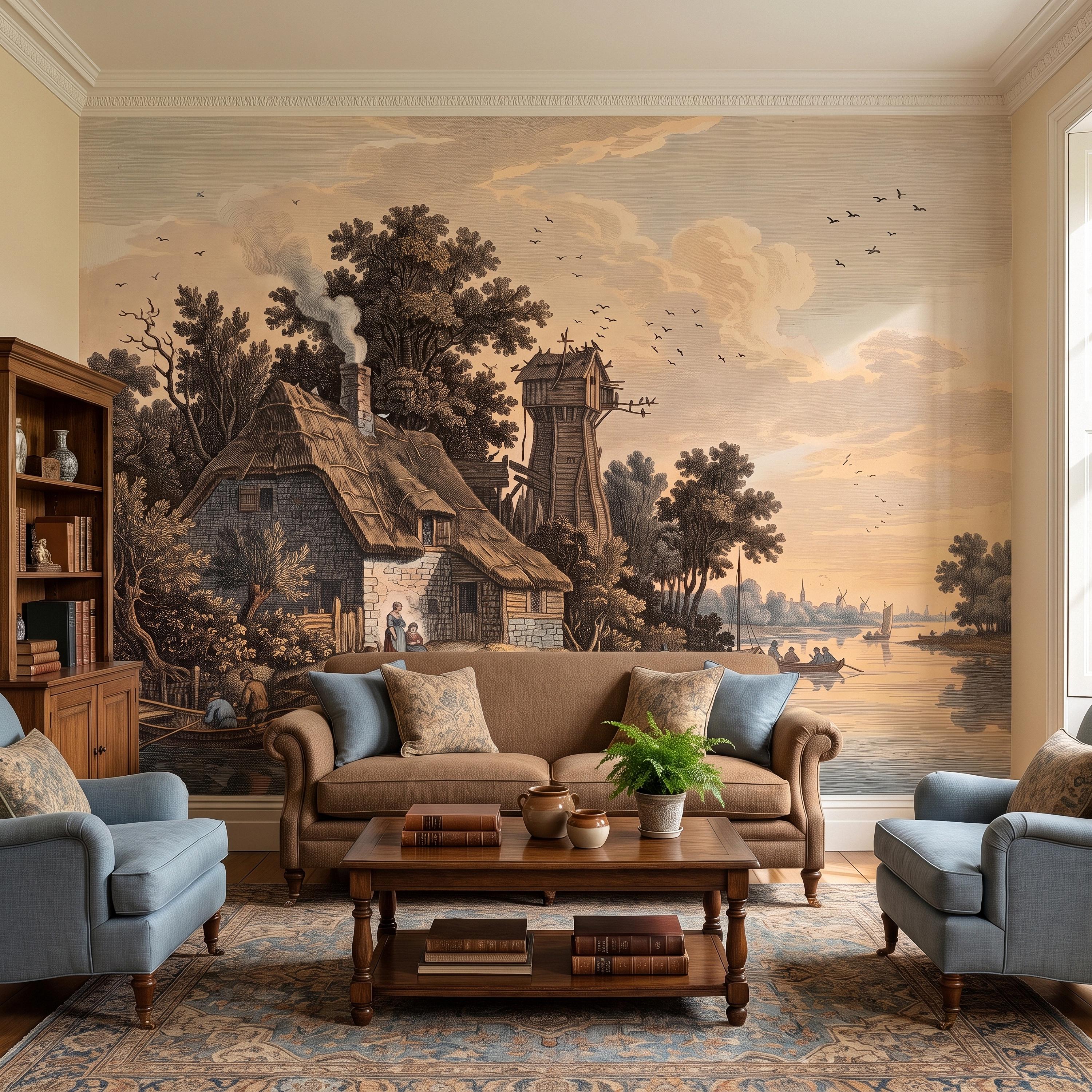 Antique River Village Peel and Stick Wall Mural, Rustic Cottage Riverside Engraving Vintage Pastoral Landscape Wallpaper