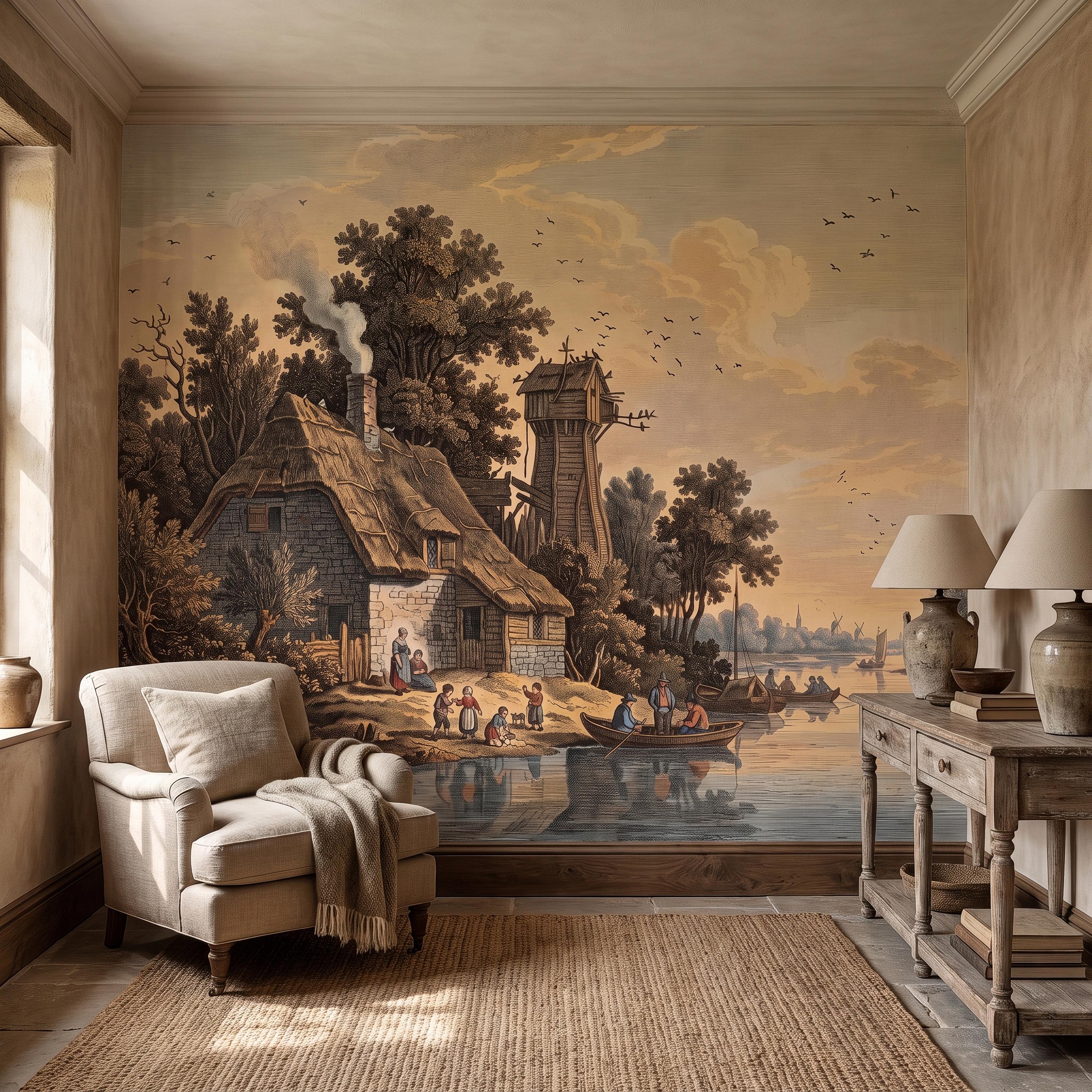Antique River Village Peel and Stick Wall Mural, Rustic Cottage Riverside Engraving Vintage Pastoral Landscape Wallpaper