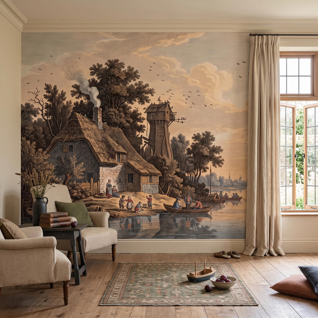 Antique River Village Peel and Stick Wall Mural, Rustic Cottage Riverside Engraving Vintage Pastoral Landscape Wallpaper