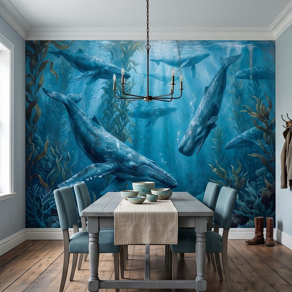Whale Ocean Peel and Stick Wall Mural, Humpback Sperm Whales Deep Blue Kelp Forest Aged Distressed Vintage Fresco Painting Wallpaper