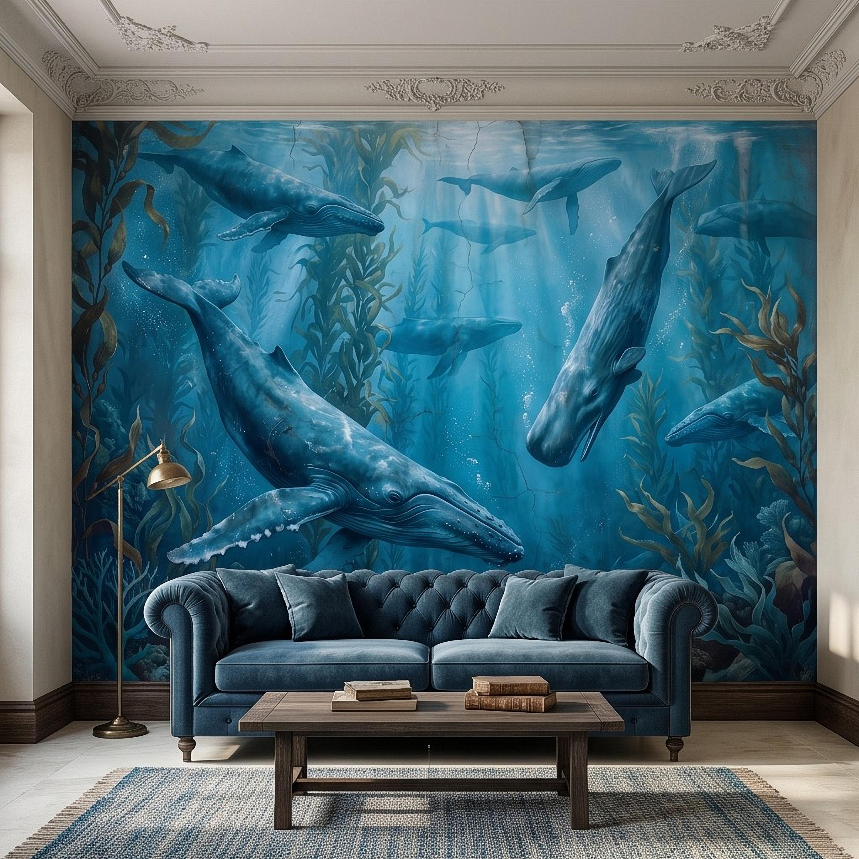 Whale Ocean Peel and Stick Wall Mural, Humpback Sperm Whales Deep Blue Kelp Forest Aged Distressed Vintage Fresco Painting Wallpaper