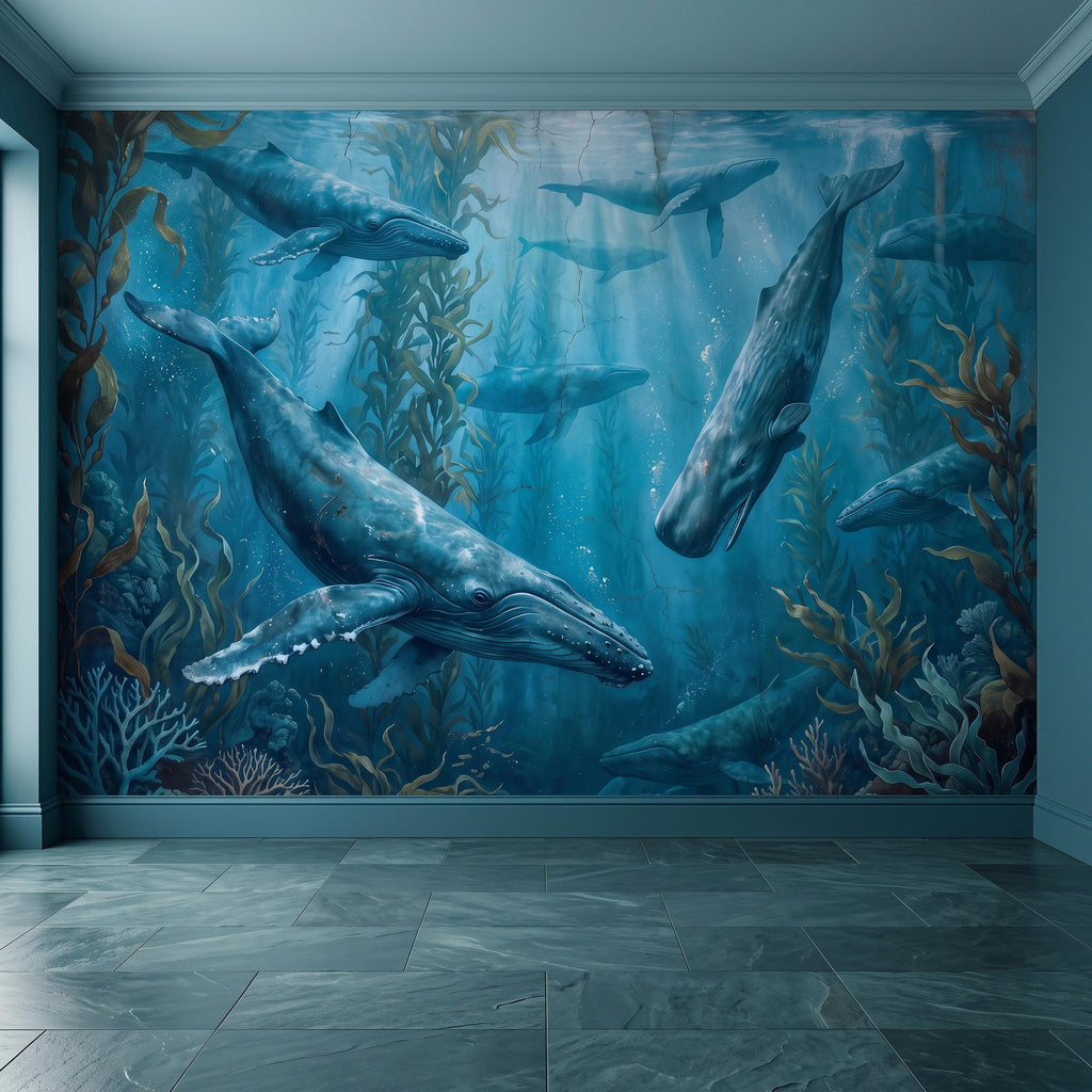 Whale Ocean Peel and Stick Wall Mural, Humpback Sperm Whales Deep Blue Kelp Forest Aged Distressed Vintage Fresco Painting Wallpaper