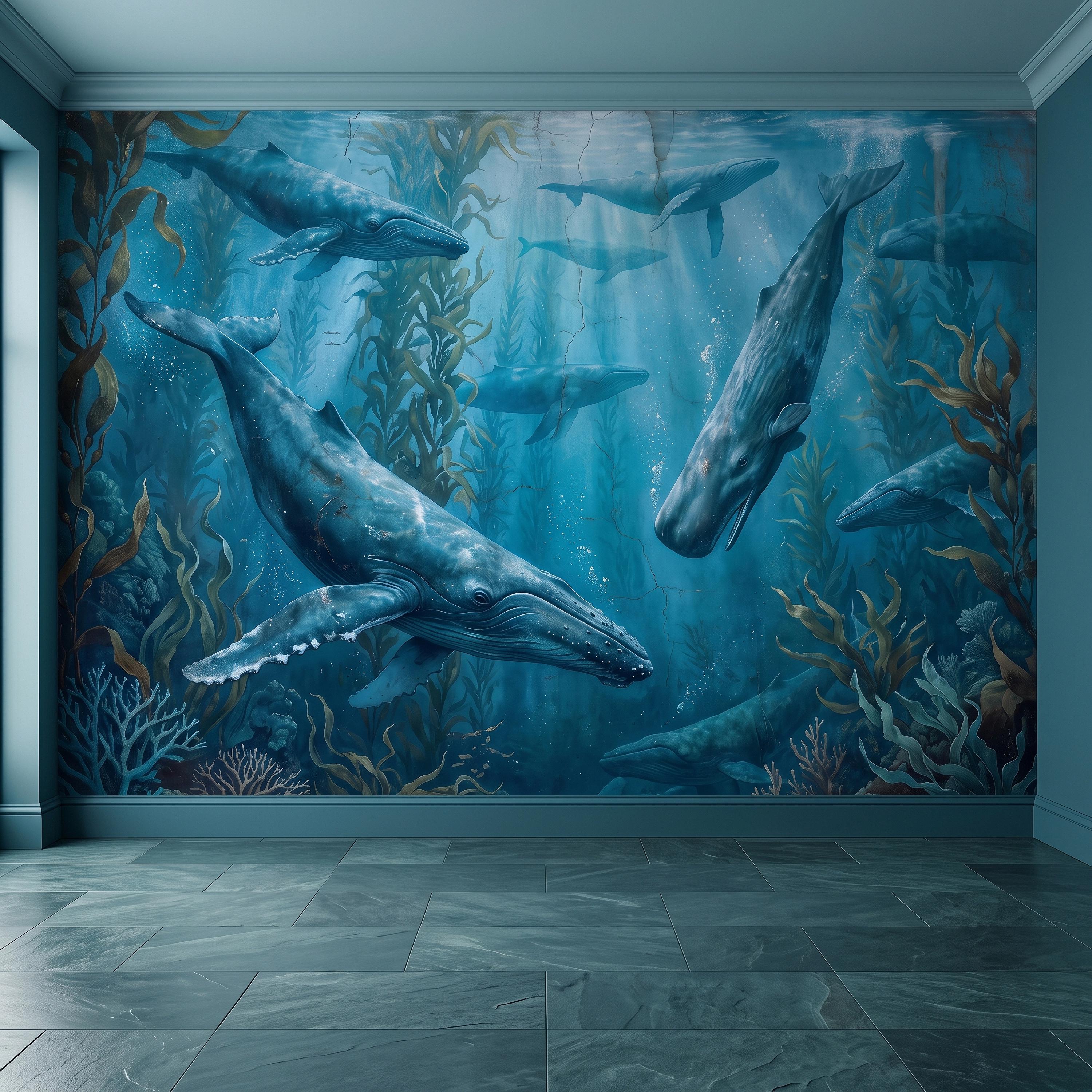 Whale Ocean Peel and Stick Wall Mural, Humpback Sperm Whales Deep Blue Kelp Forest Aged Distressed Vintage Fresco Painting Wallpaper