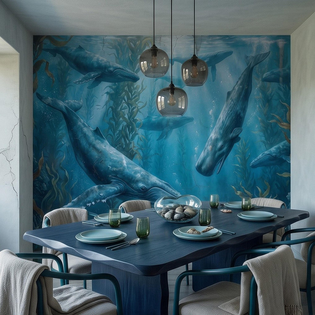 Whale Ocean Peel and Stick Wall Mural, Humpback Sperm Whales Deep Blue Kelp Forest Aged Distressed Vintage Fresco Painting Wallpaper