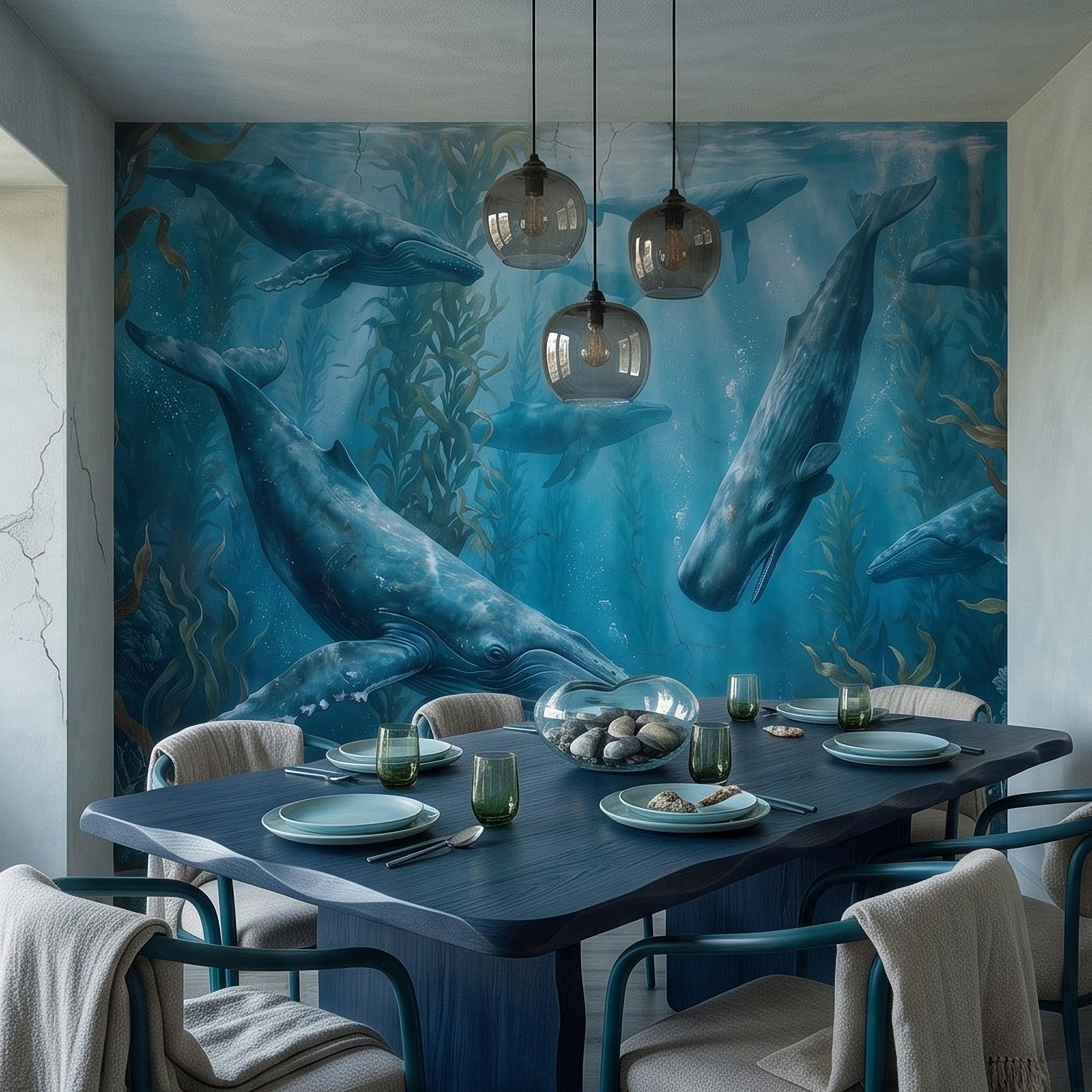 Whale Ocean Peel and Stick Wall Mural, Humpback Sperm Whales Deep Blue Kelp Forest Aged Distressed Vintage Fresco Painting Wallpaper