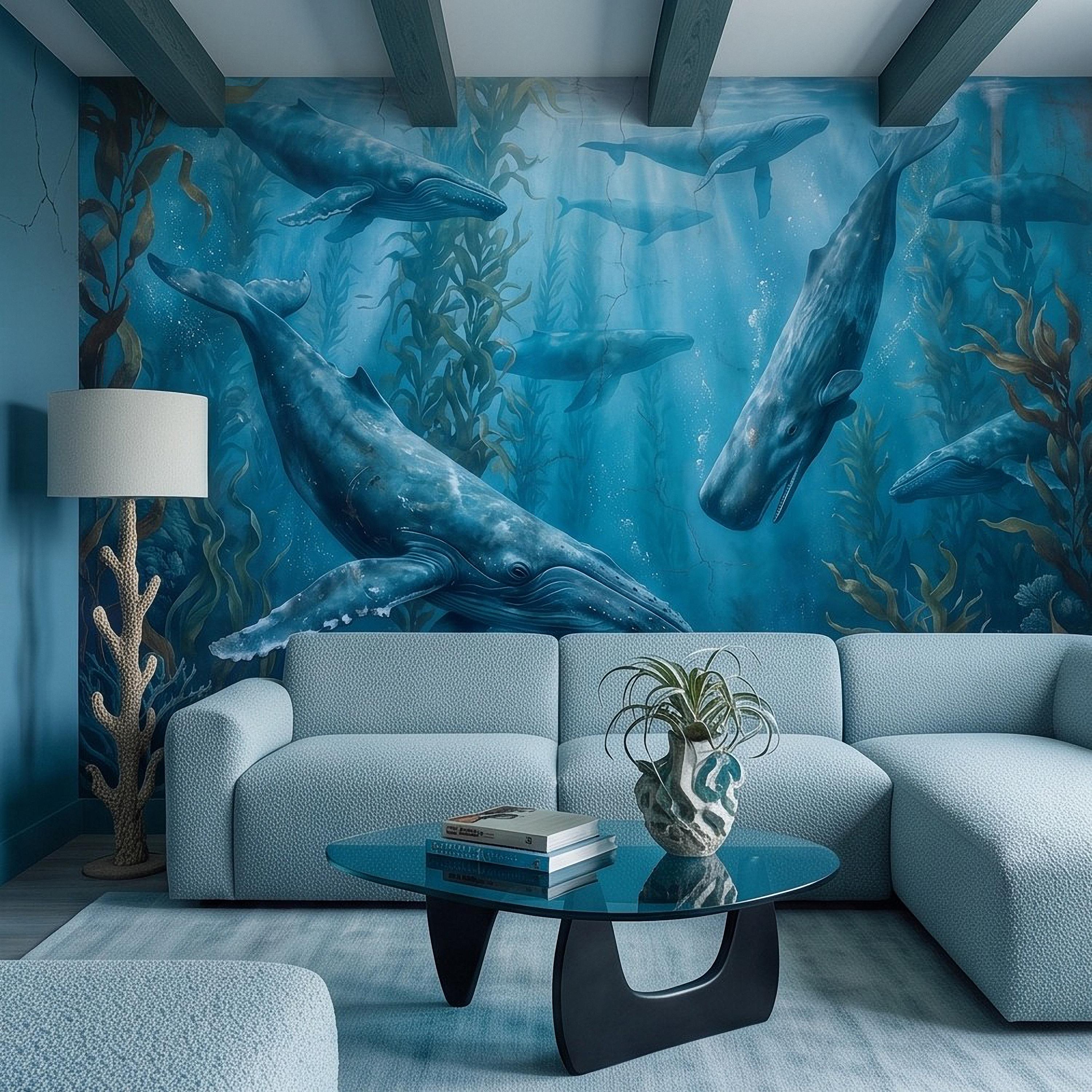 Whale Ocean Peel and Stick Wall Mural, Humpback Sperm Whales Deep Blue Kelp Forest Aged Distressed Vintage Fresco Painting Wallpaper